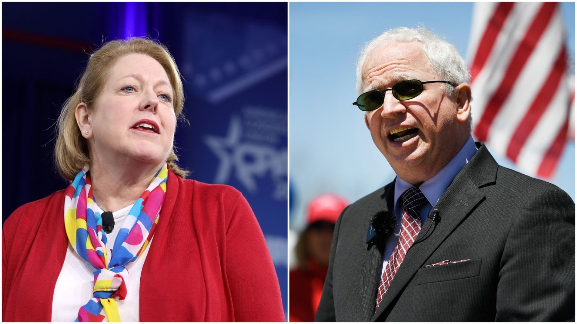 Photo of Ginni Thomas speaking on the left and John Eastman speaking on the right