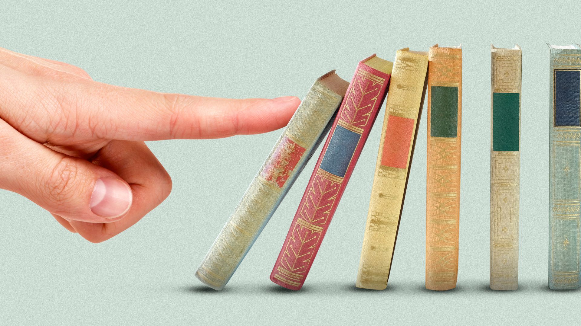 Illustration of a finger pushing a line of books, stacked side by side like dominoes.