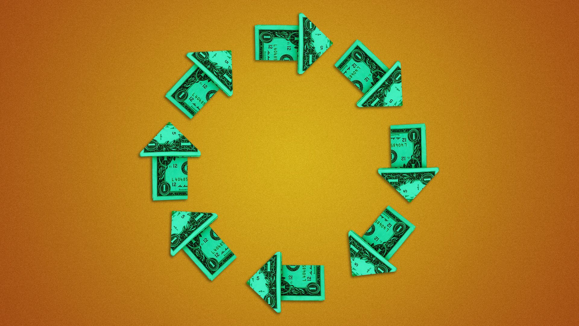 Illustration of arrows made of folded money forming a circle. 