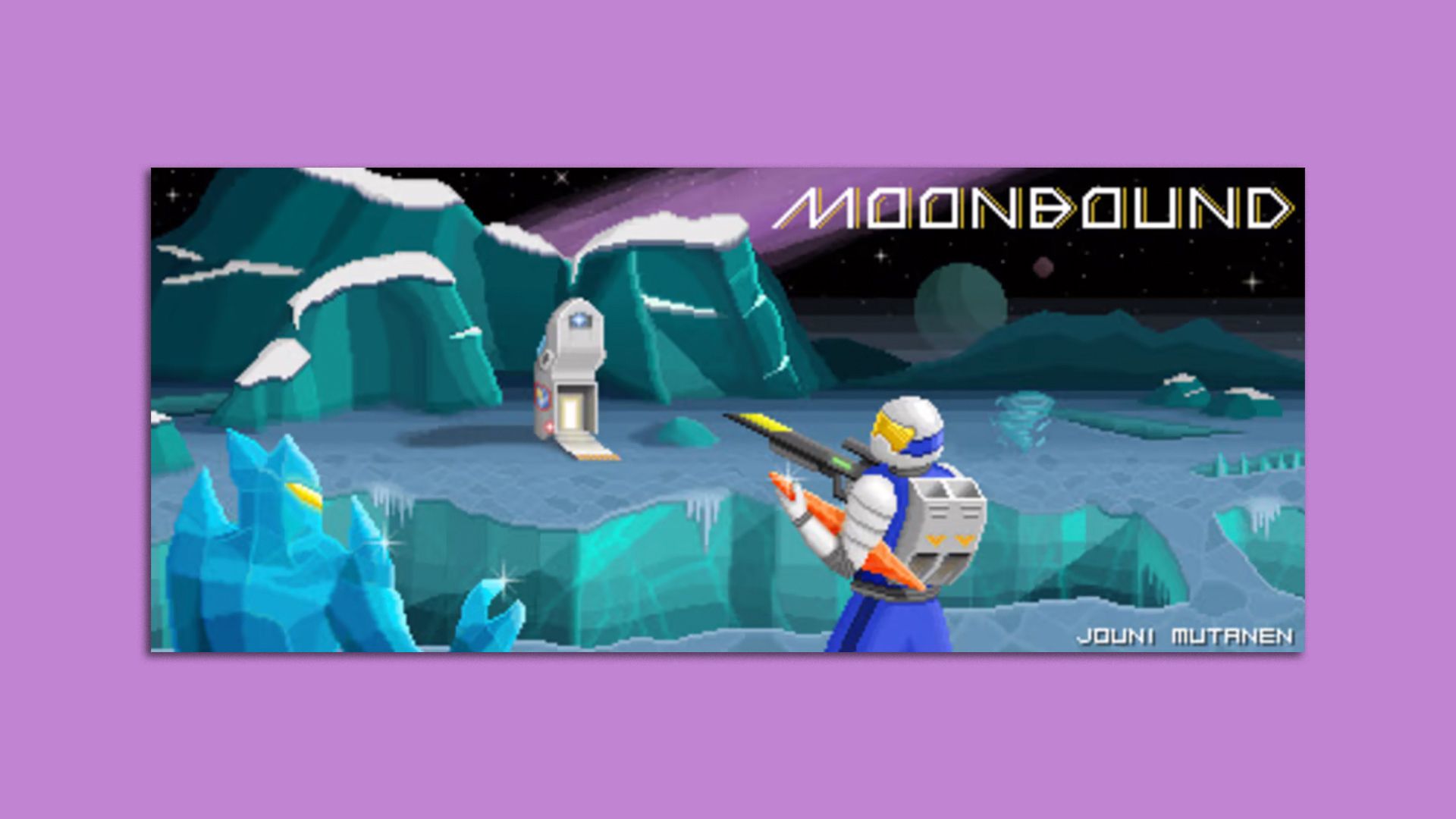 Video game title screen featuring an astronaut looking over a pixelated moonscape