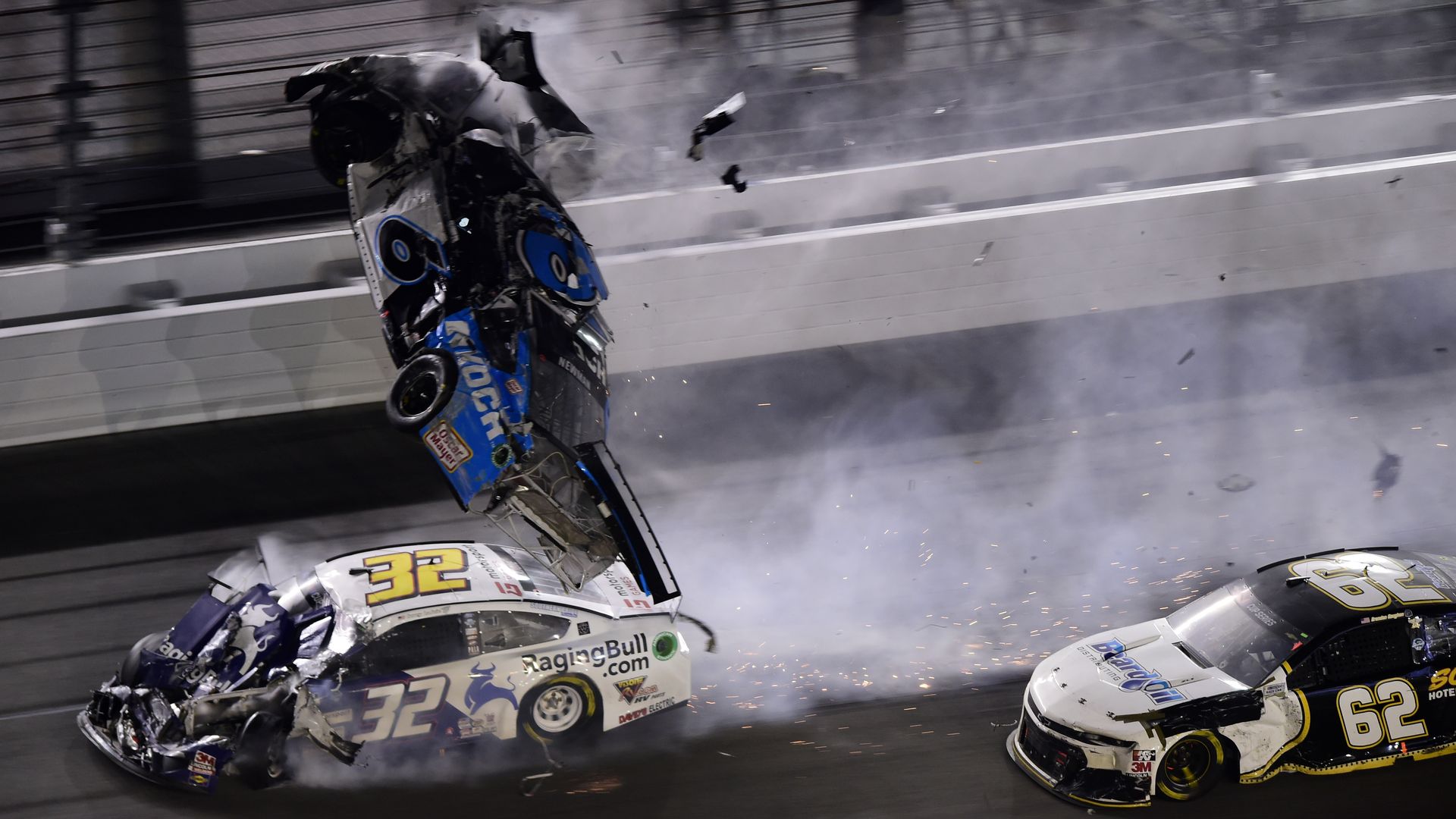 Ryan Newman, driver of the #6 Koch Industries Ford, crashes during the NASCAR Cup Series 62nd Annual Daytona 500 at Daytona International Speedway on February 17, 2020 in Daytona Beach, Florida.