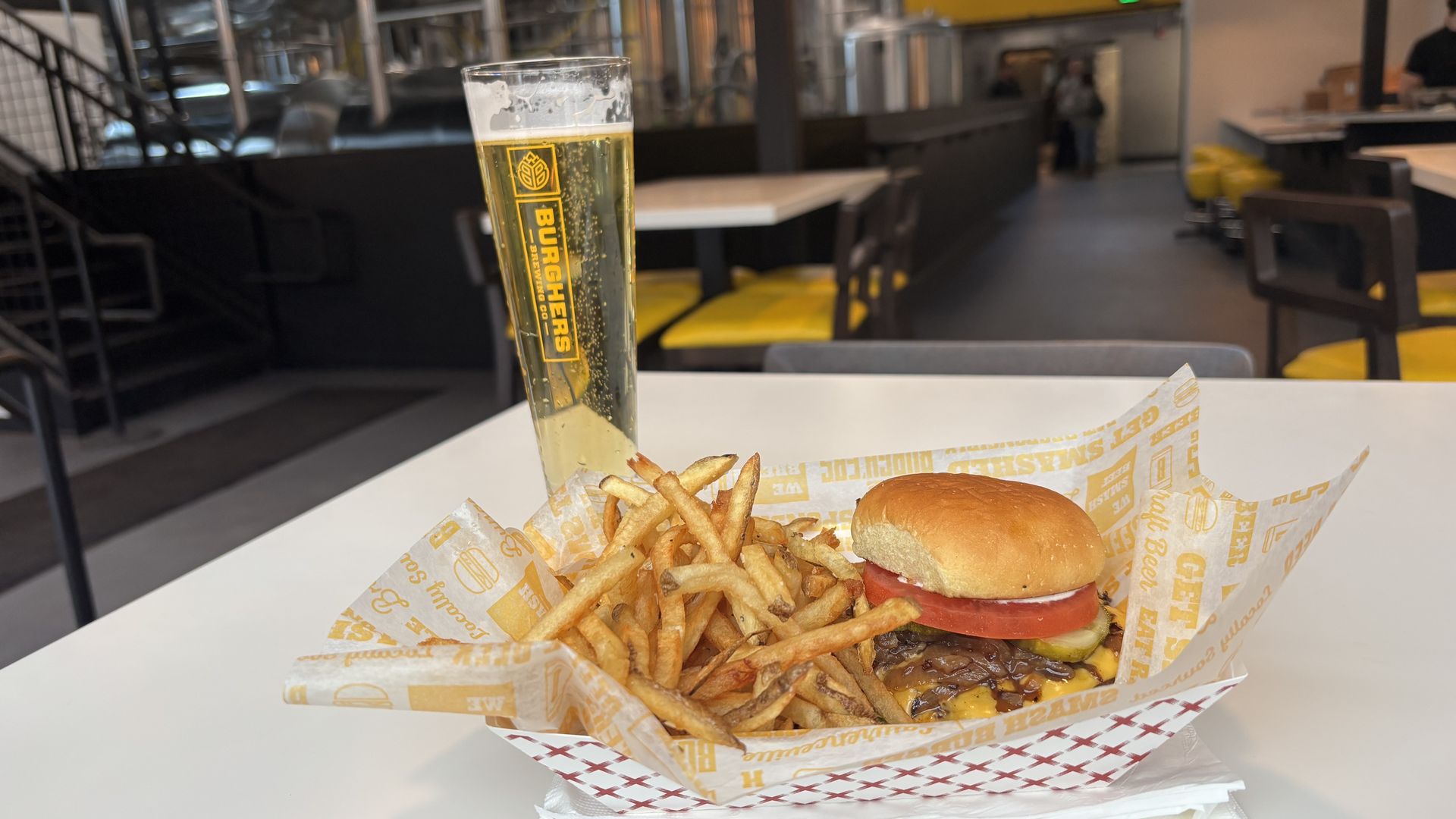 Burgers, fries, and a light lager at Burghers' flagship brewery and restaurant in Millvale, Pa.