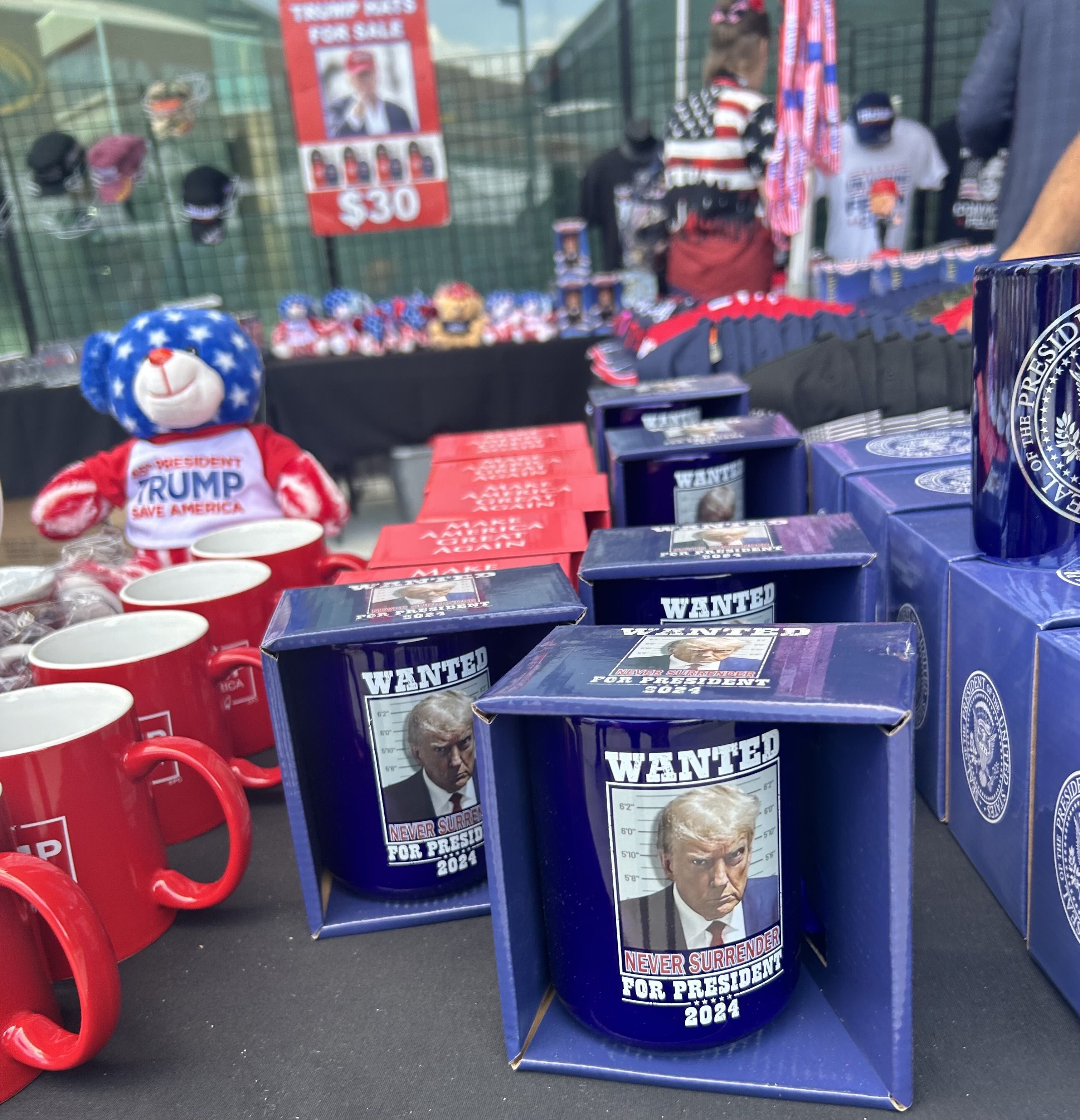 Trump tchotchkes for sale inside the convention security perimeter in Milwaukee.