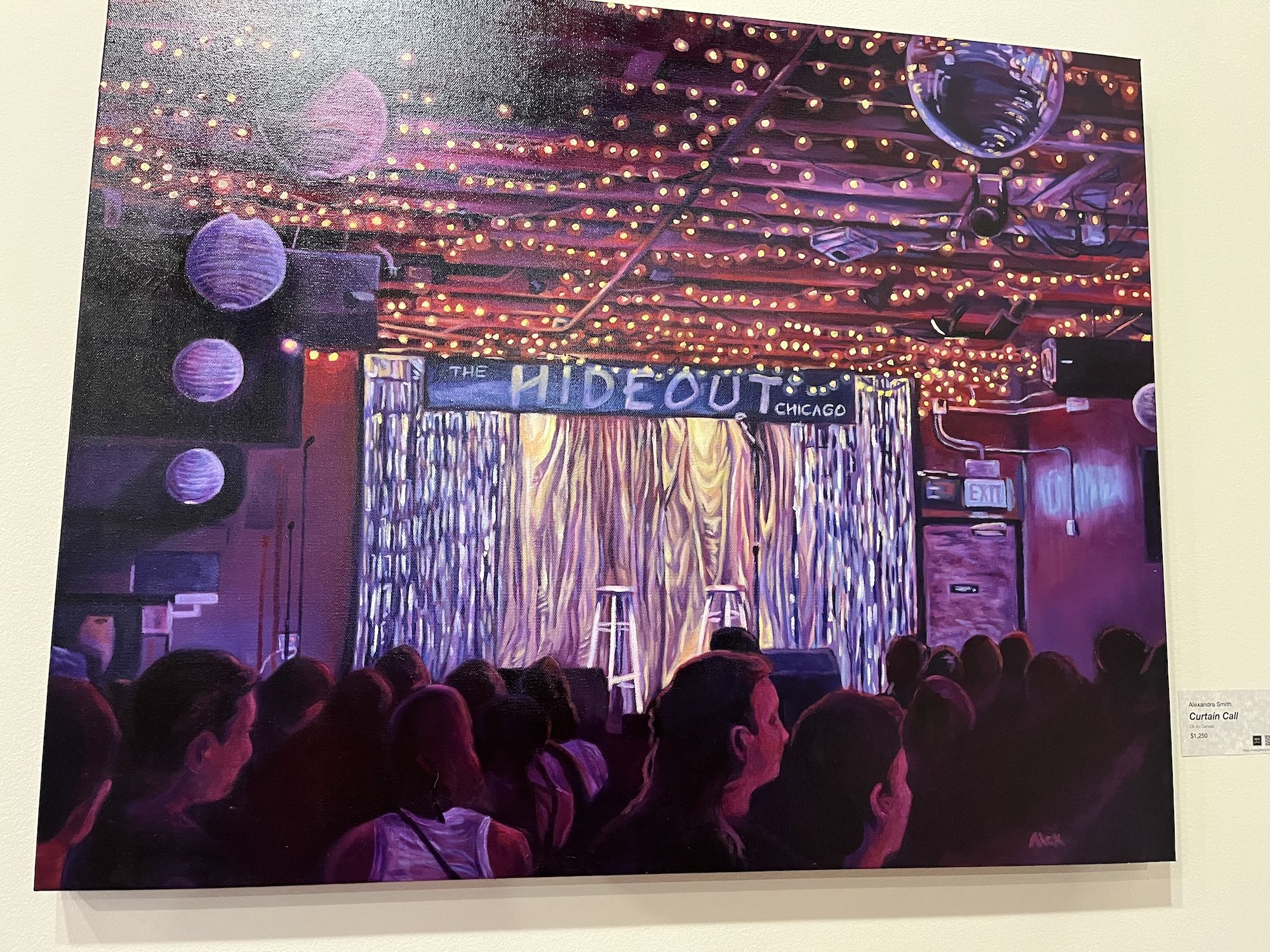 Vibrant mural of a club interior with hundreds of warm string lights, pink and purple hues, a fringed curtain stage, crowd silhouettes in the foreground, and a sign reading "The Hideout Chicago".