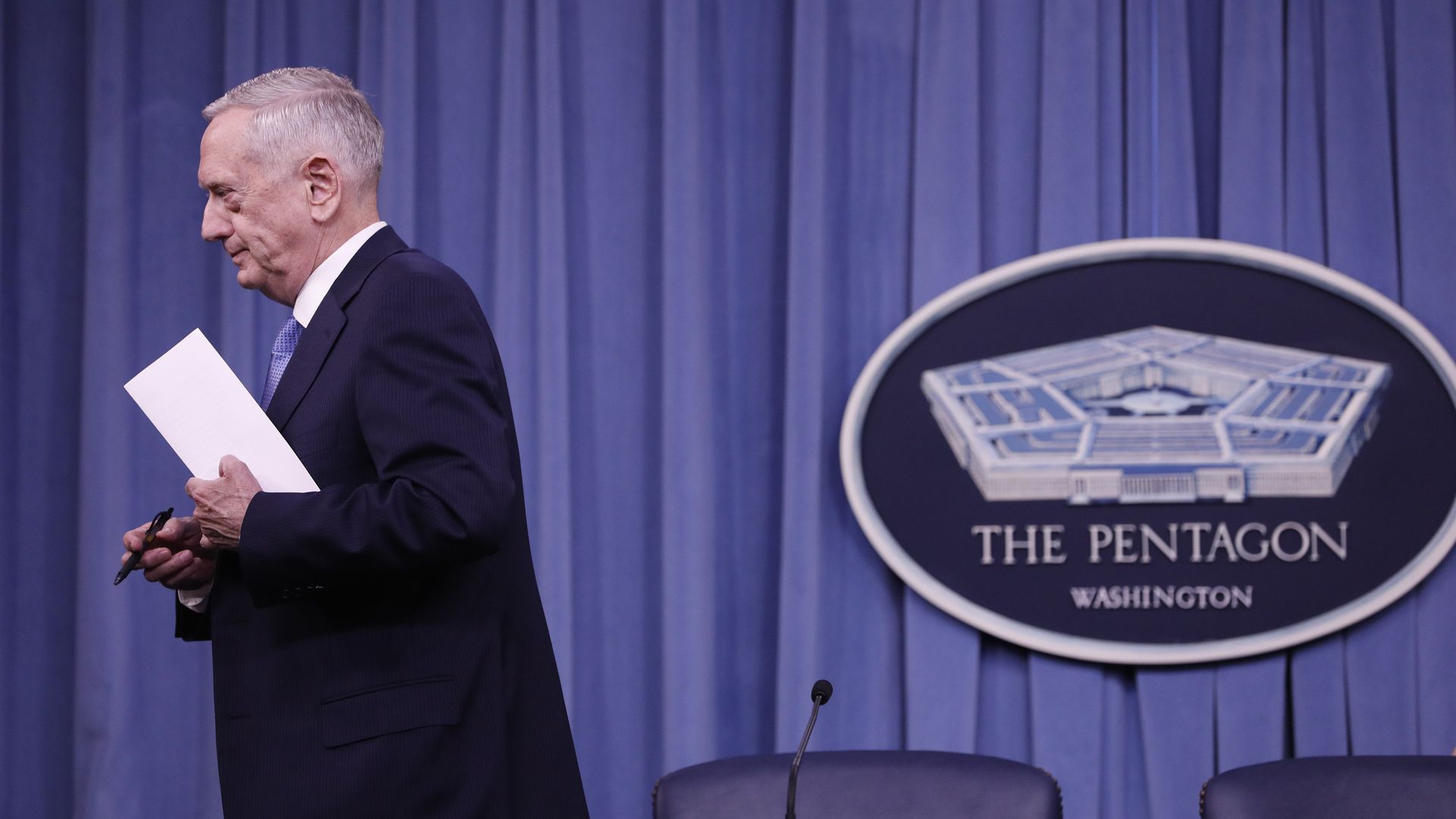 James Mattis leaving the podium at the Pentagon
