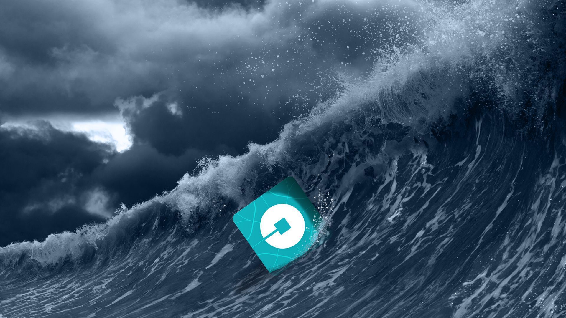 An Uber icon in a giant wave amid a storm