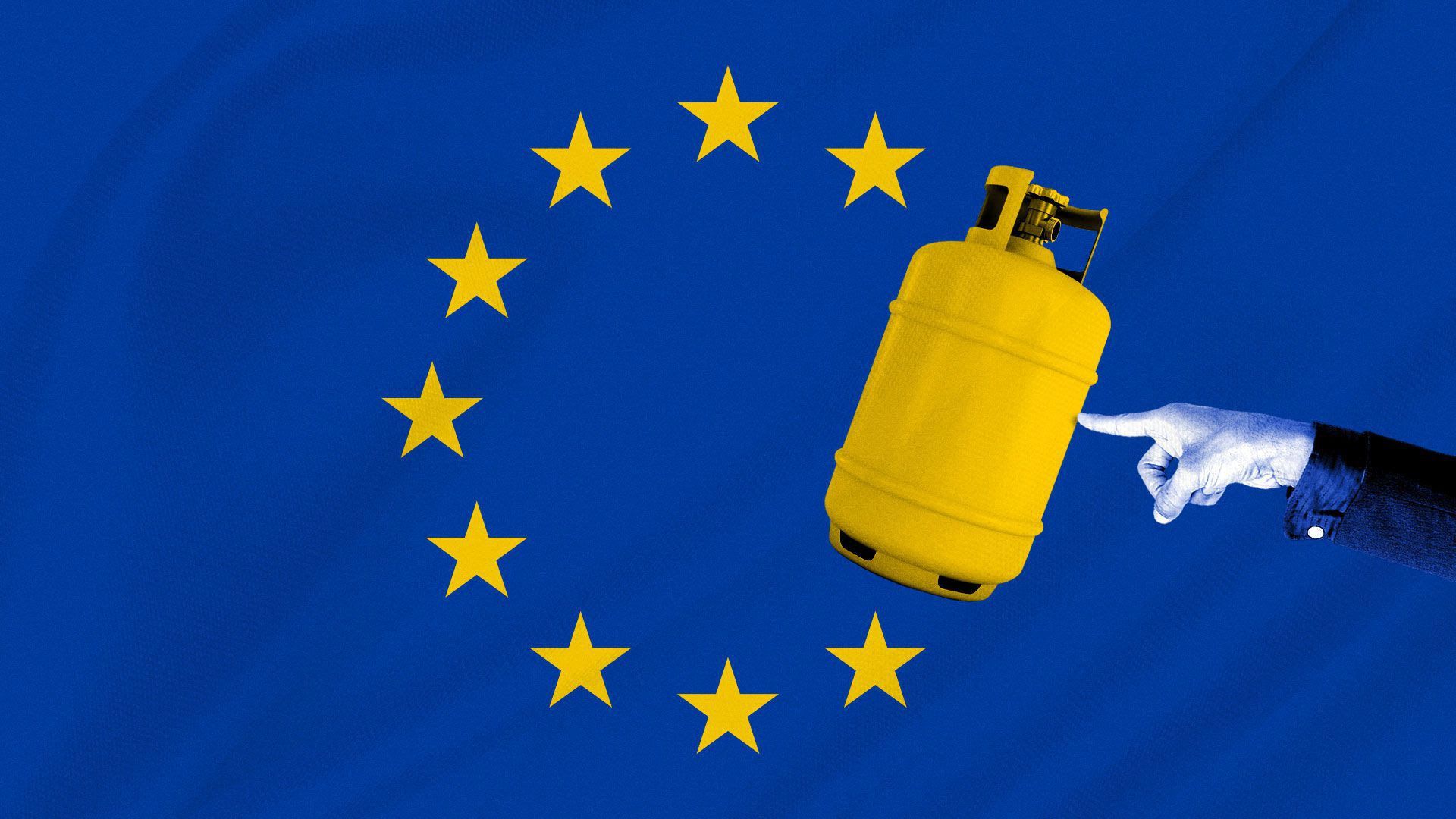Illustration of finger pushing gas tank into the EU flag
