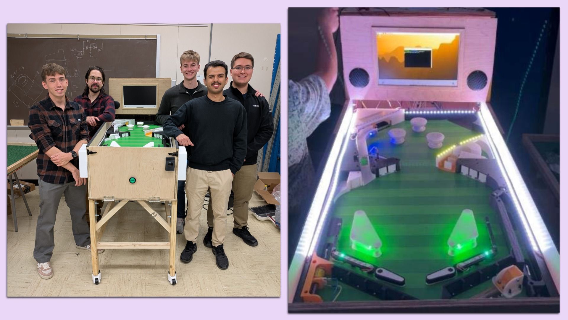 Four young men stand in a workshop beside a wooden game table with a green field; a chalkboard with sketches behind them. The right panel shows a pink arcade cabinet with a screen and lit play area.