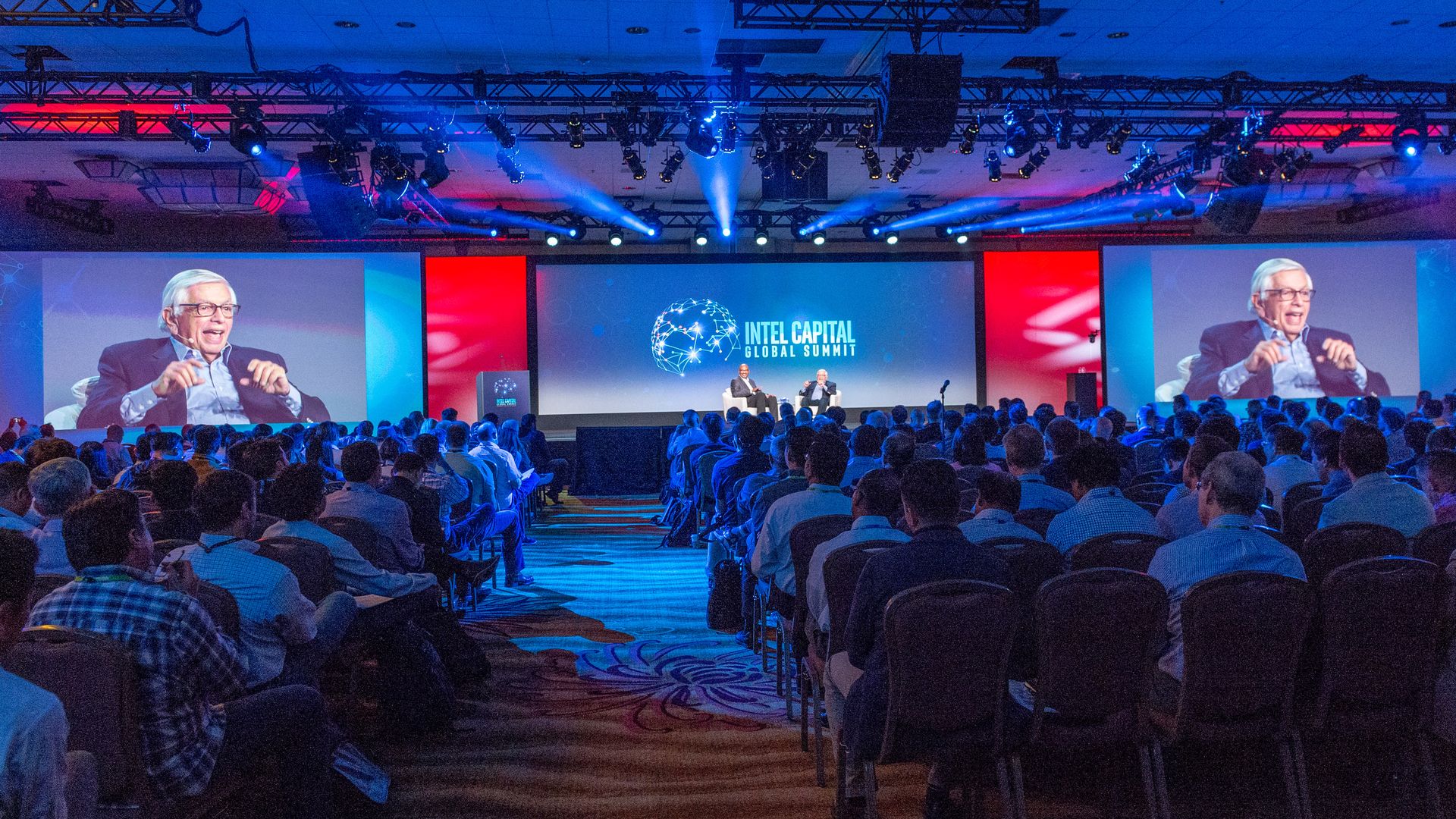 Intel Capital President Wendell Brooks onstage Tuesday with NBA Commissioner Emeritus David Stern at the Intel Capital Global Summit in Palm Desert.