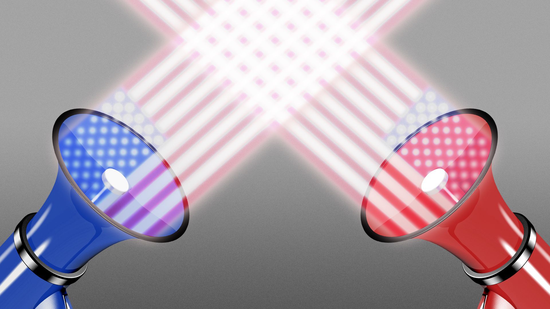 Illustration of two opposing megaphones in red and blue with US flags ascending from the sound pieces 