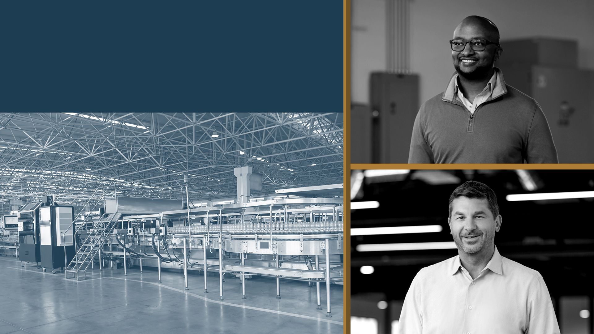 Photo illustration of Charly Mwangi and Greg Reichow collaged with a photo of a factory.