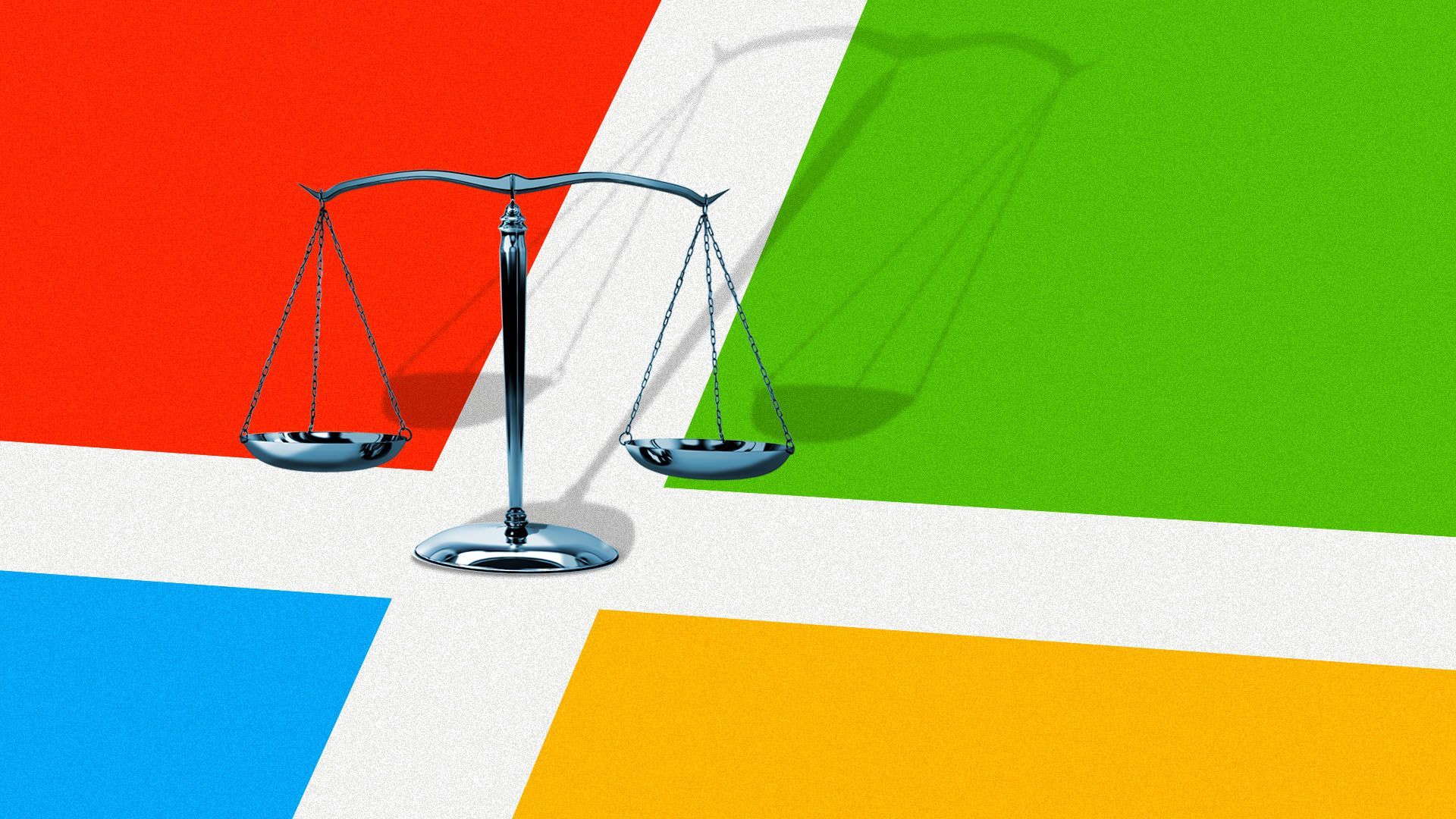 Illustration of a close up of the Microsoft logo with a scale in the middle casting a shadow