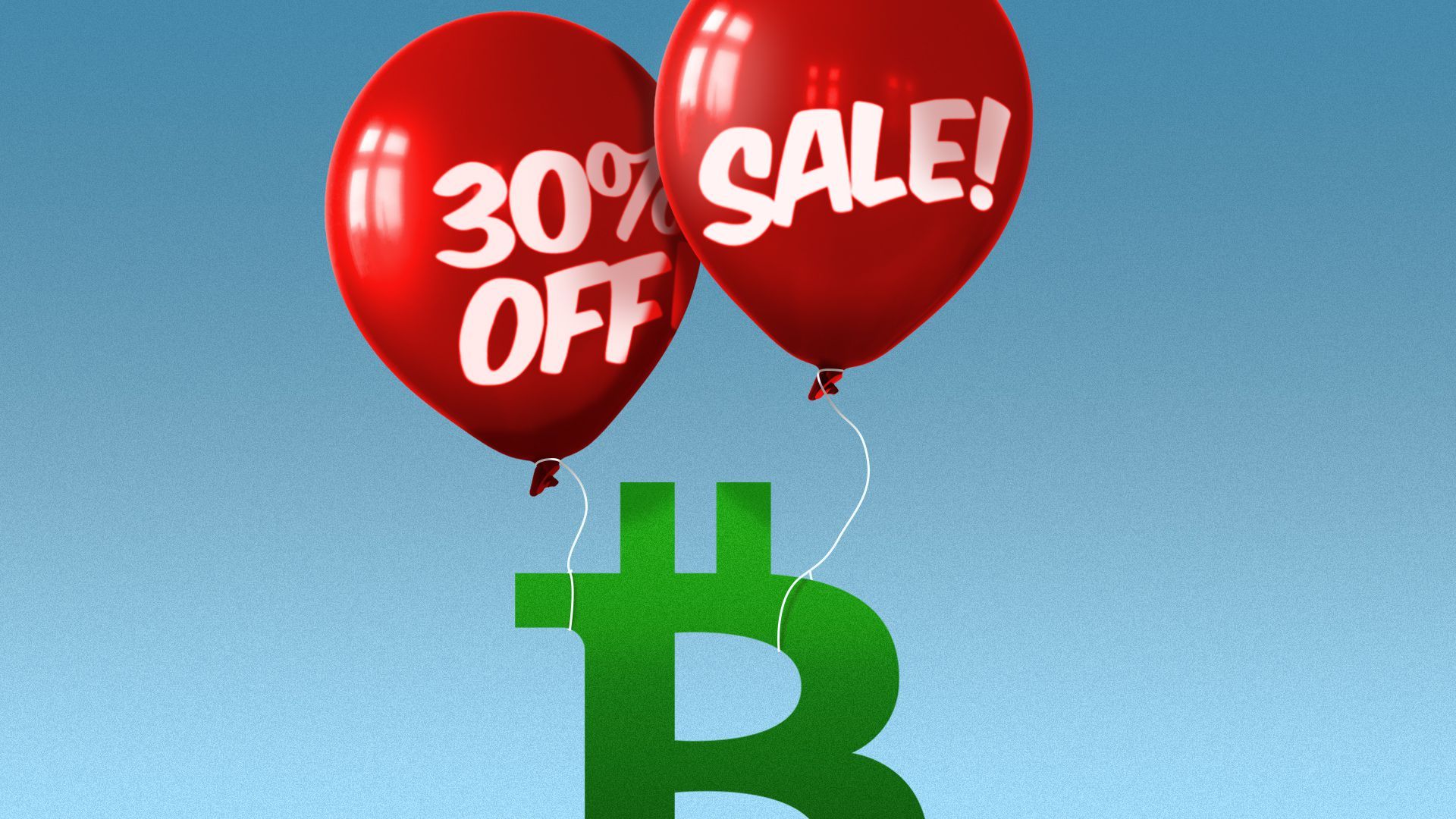 Illustration of the bitcoin logo with balloons that read "30% off! and "sale!" on them attached
