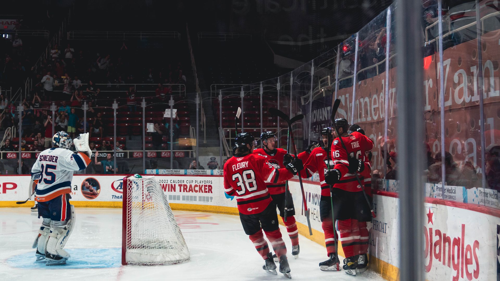 Charlotte Checkers players on the ice in a game. 