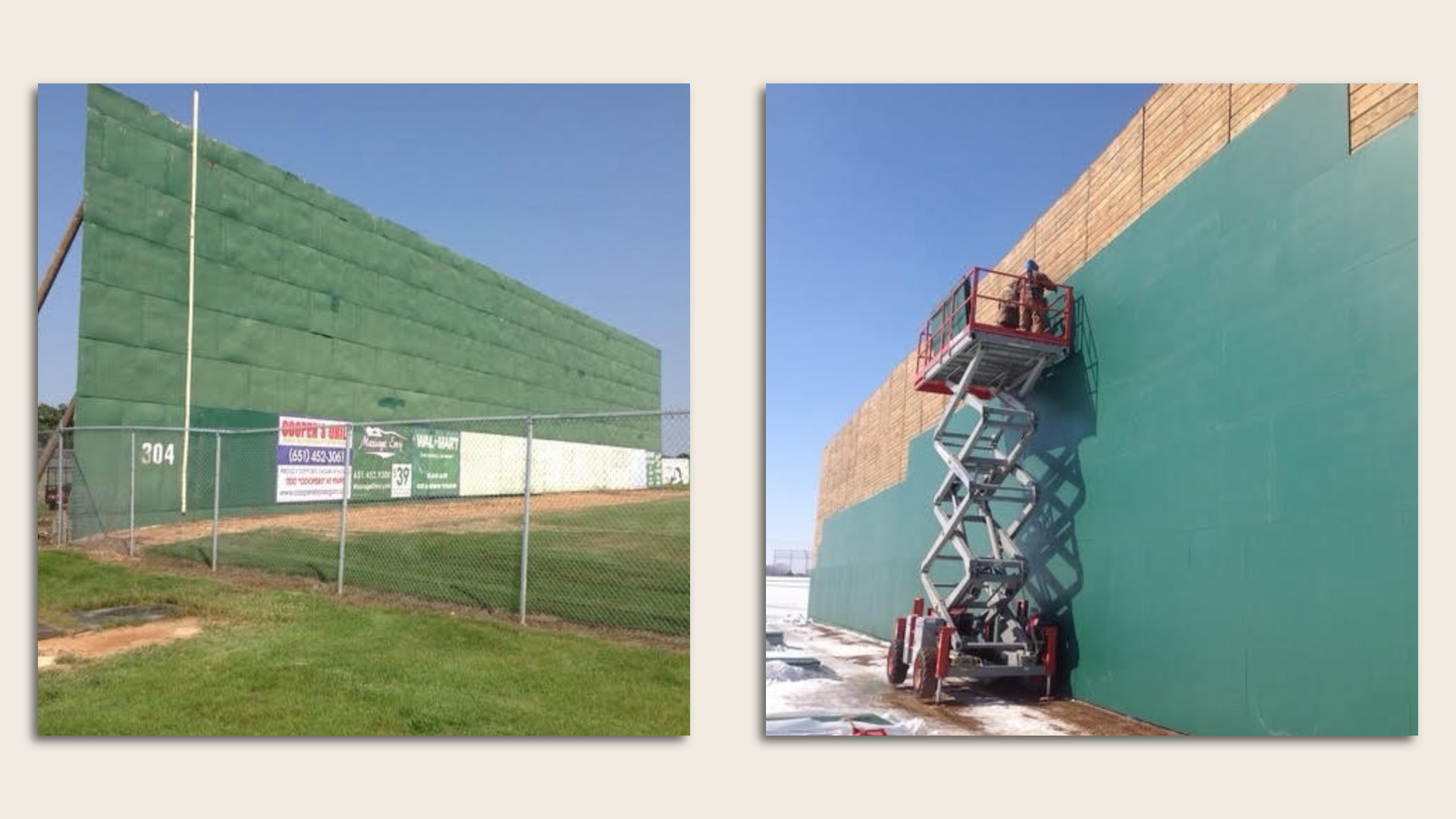 Side-by-side photos of a tall outfield wall on a baseball field, one showing a "before" view of the wall and the second showing construction work underway on it with a lift