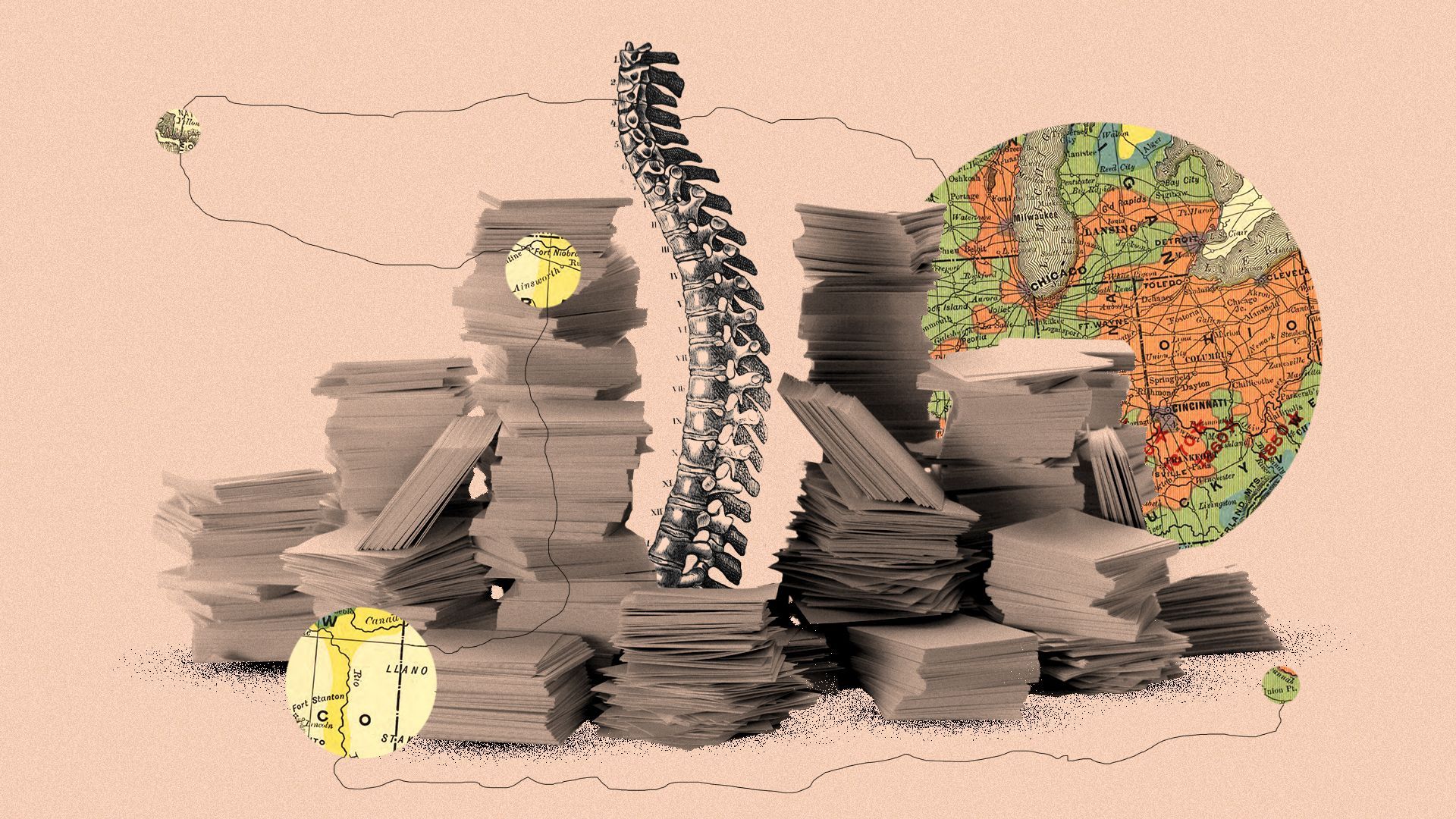 Illustrated collage of multiple stacks of paper with a medical drawing of a spine in the center, with interconnected map elements in the background.