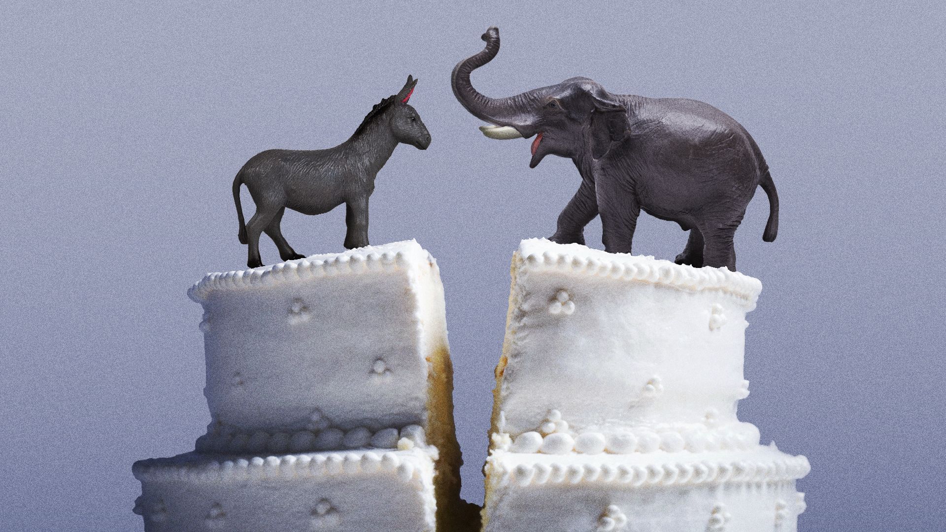 Illustration of an elephant and donkey cake topper on a divided wedding cake.