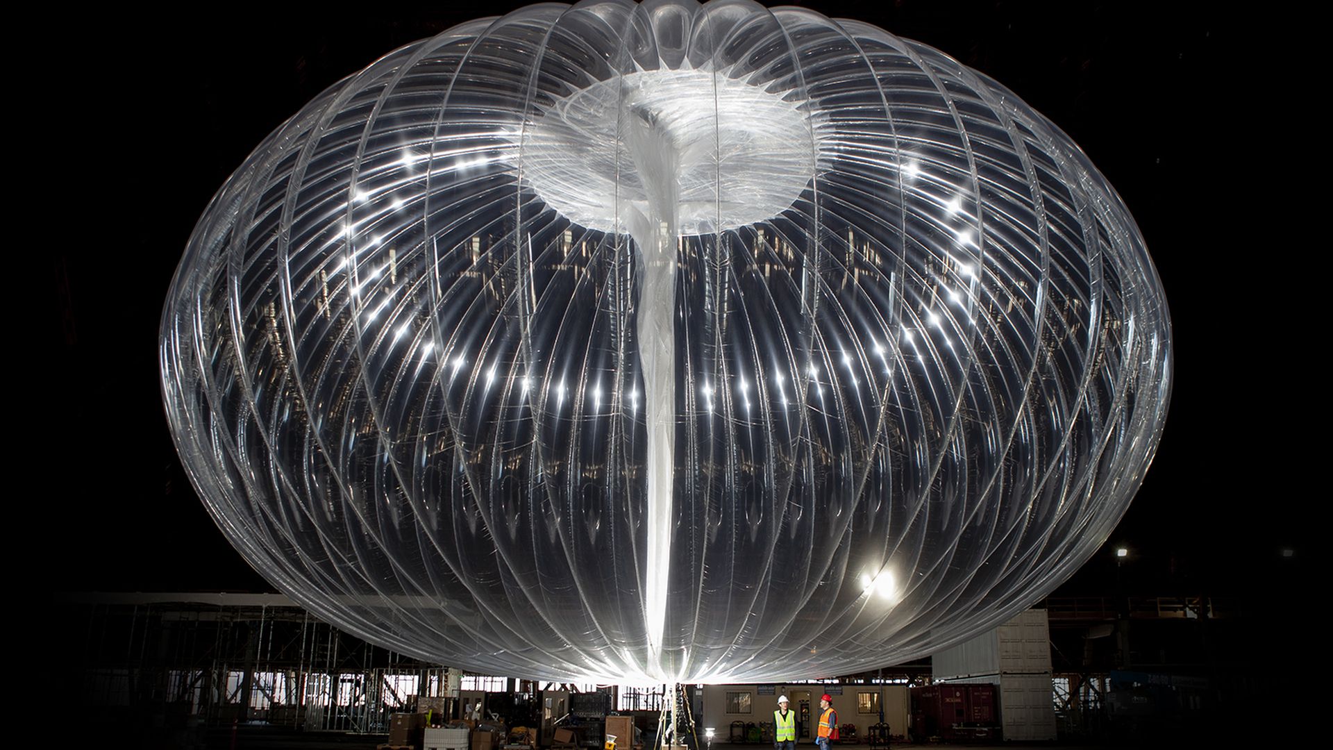 One of Loon's Internet-delivery balloons being inflated at Silicon Valley's Moffett Field.