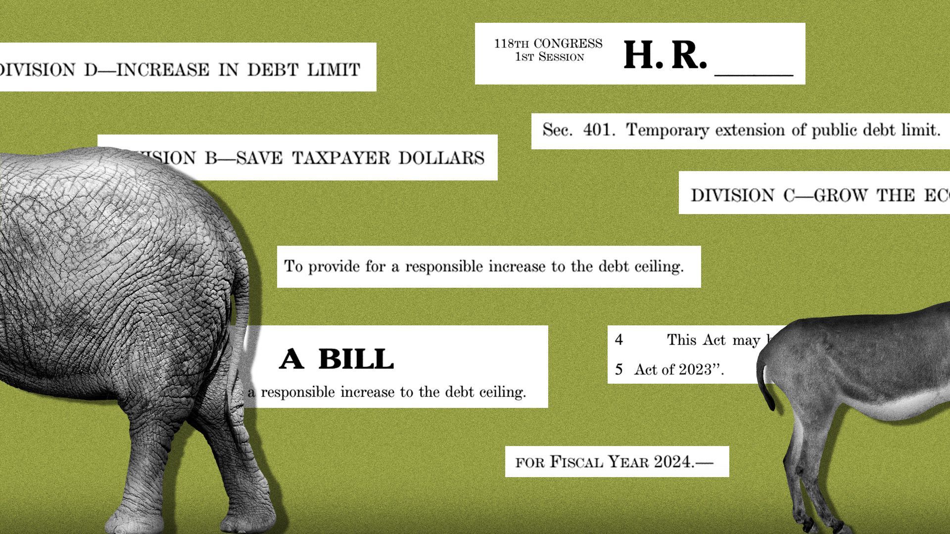 Illustration of an elephant and donkey walking off with a background made of fragments of the debt ceiling deal bill.