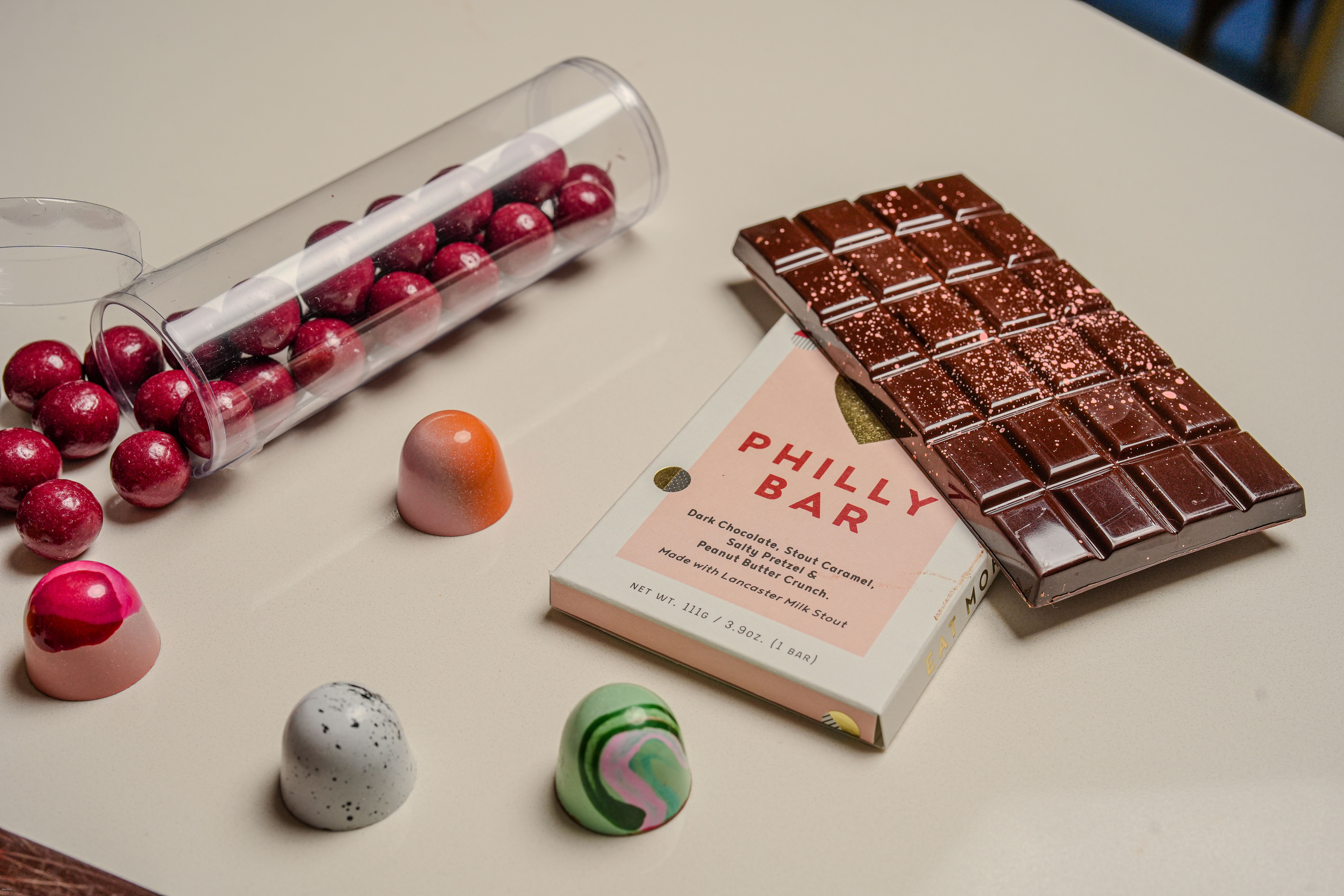 Bonbons and a "Philly Bar" from Lisa Schoenbeck's Good Good Chocolates shop in Philly. 