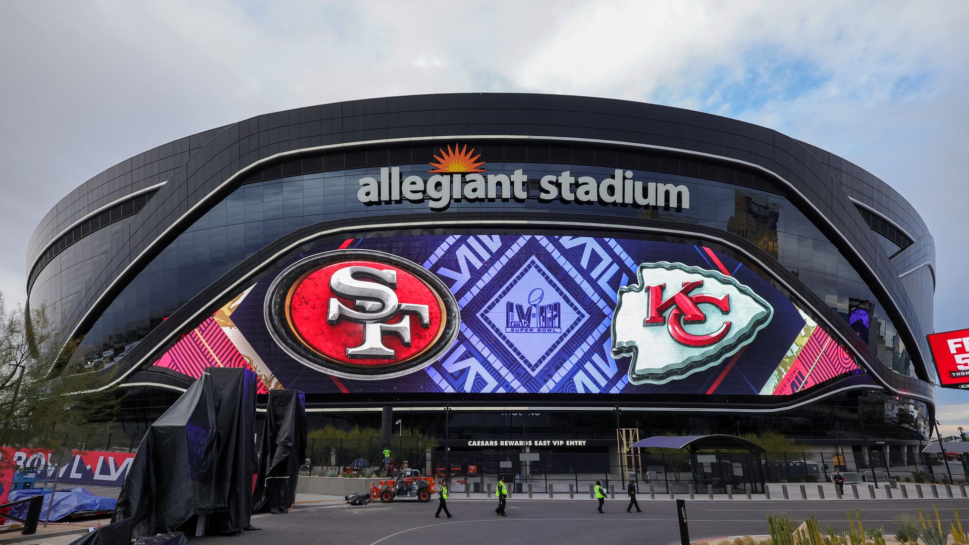 Photo of the Allegiant Stadium with the SF 49ers and Kansas City Chiefs' logos displayed