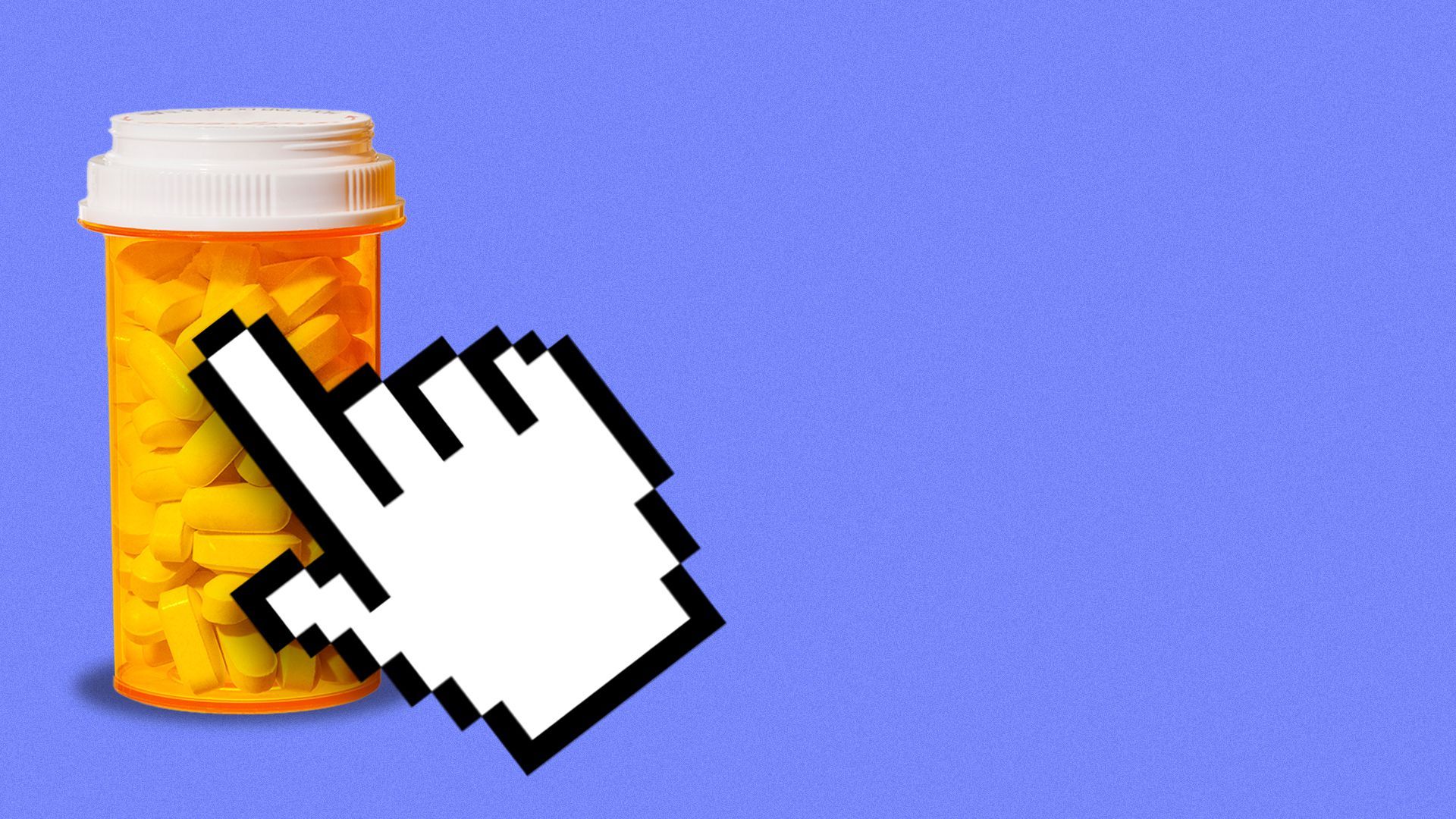 Illustration of a hand cursor pointing at a bottle of prescription pills.