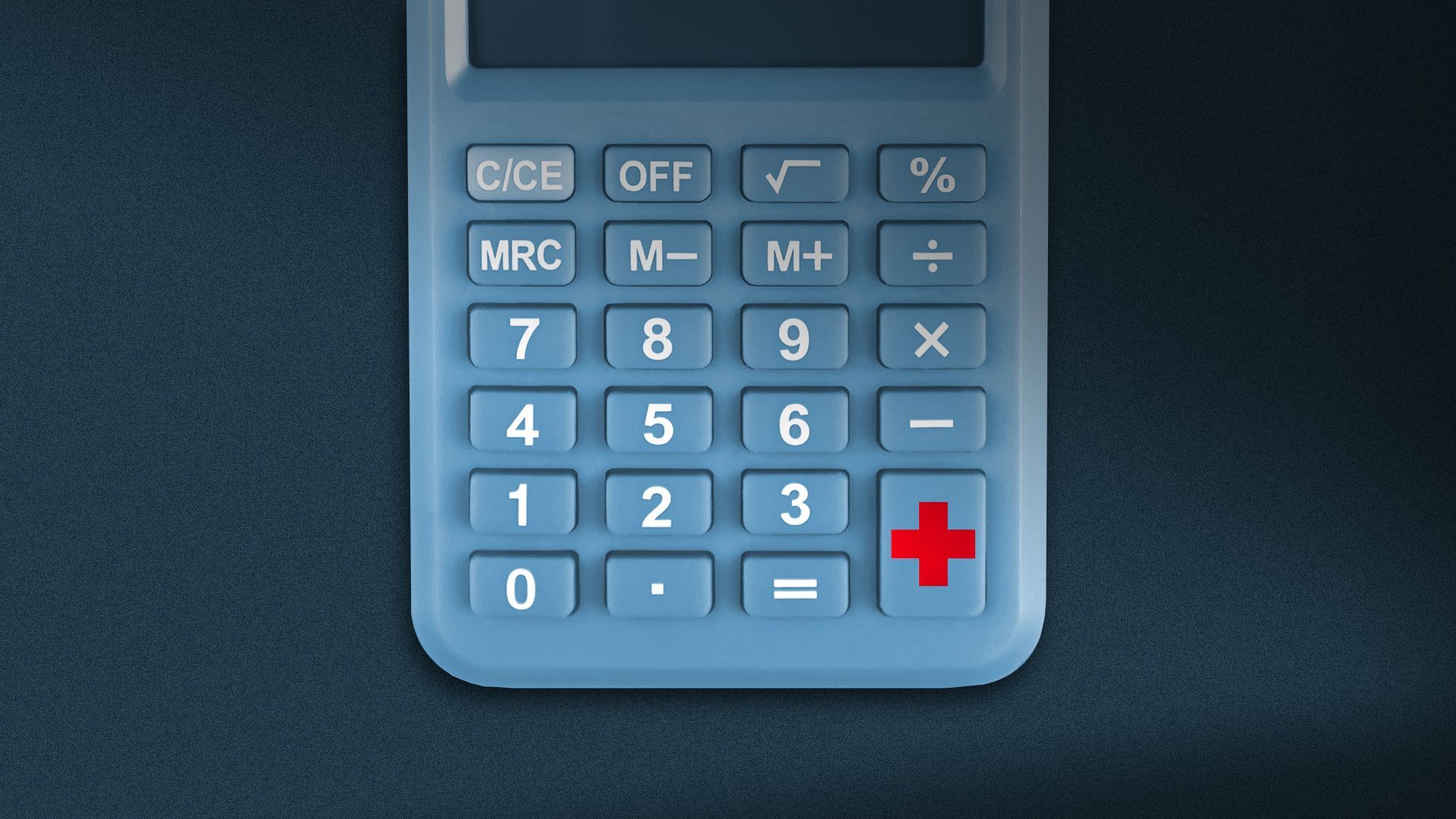 Illustration of a calculator with the addition button symbol replaced by a red medical cross symbol.