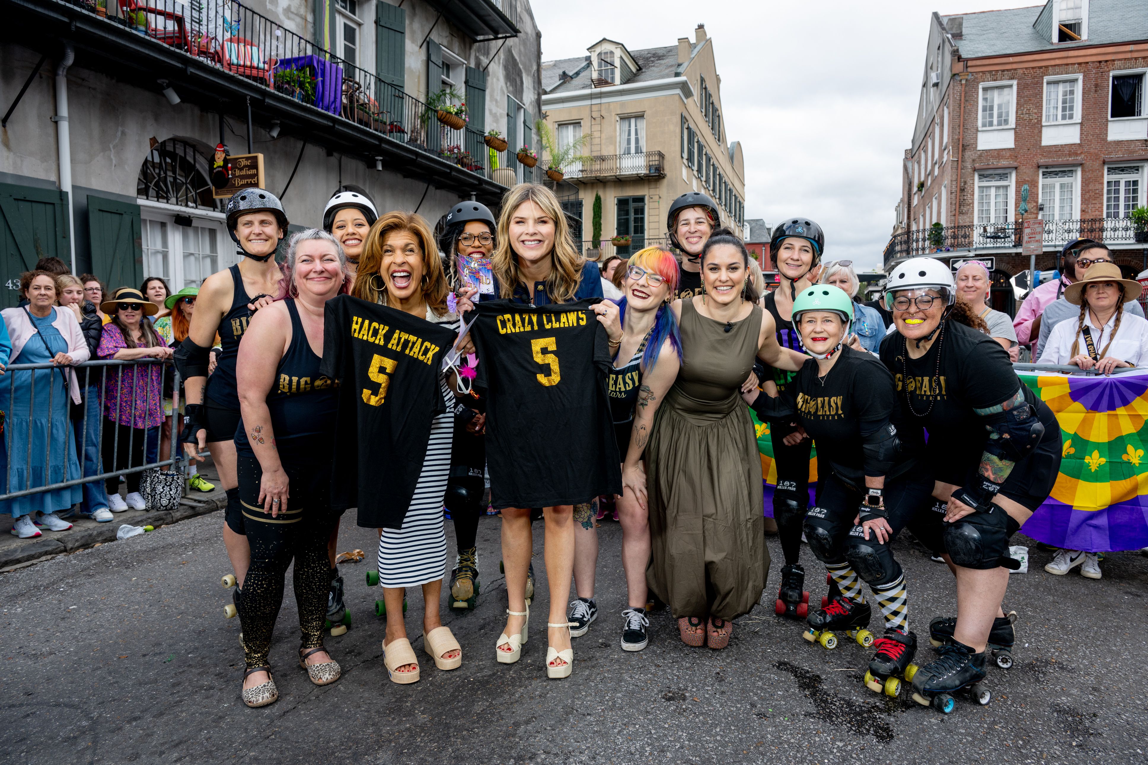 Photo shows Hoda and Jenna with the Big Easy Roller Derby skaters.