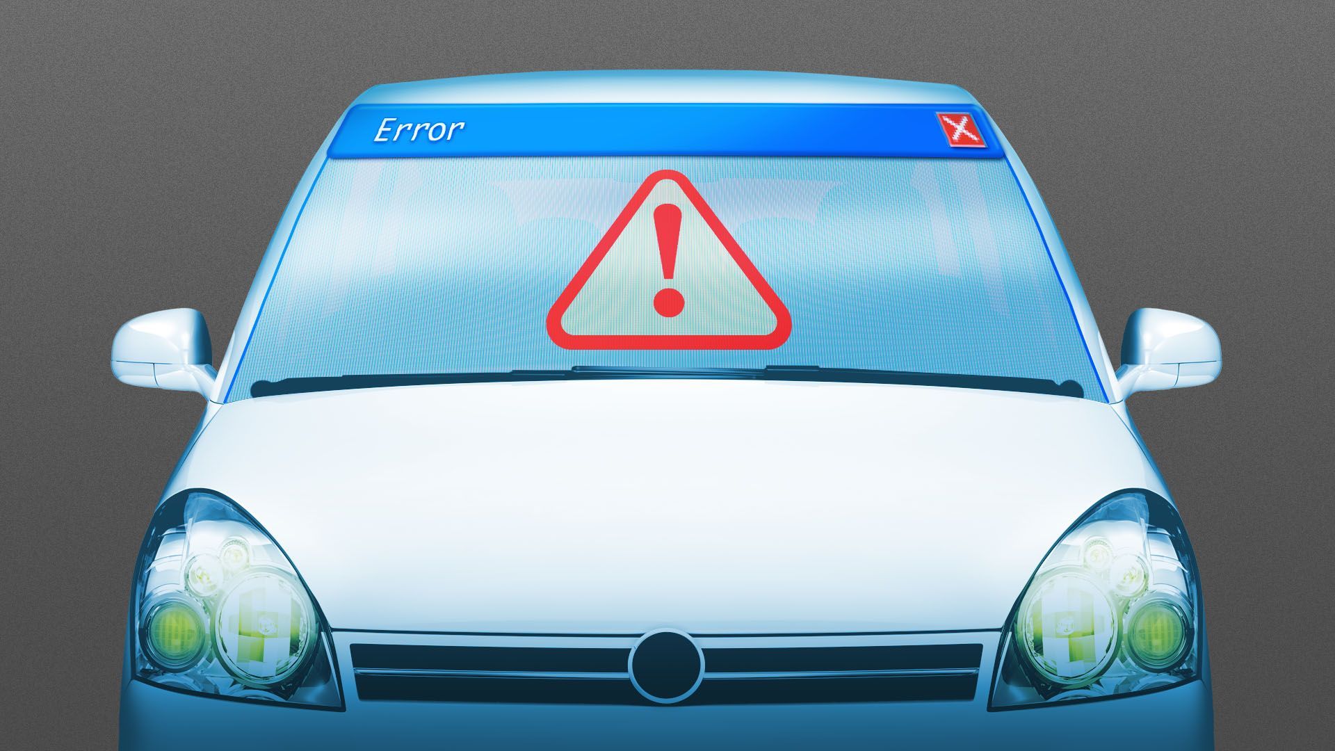Illustration of a car with a front windscreen that looks like a browser window with an error message