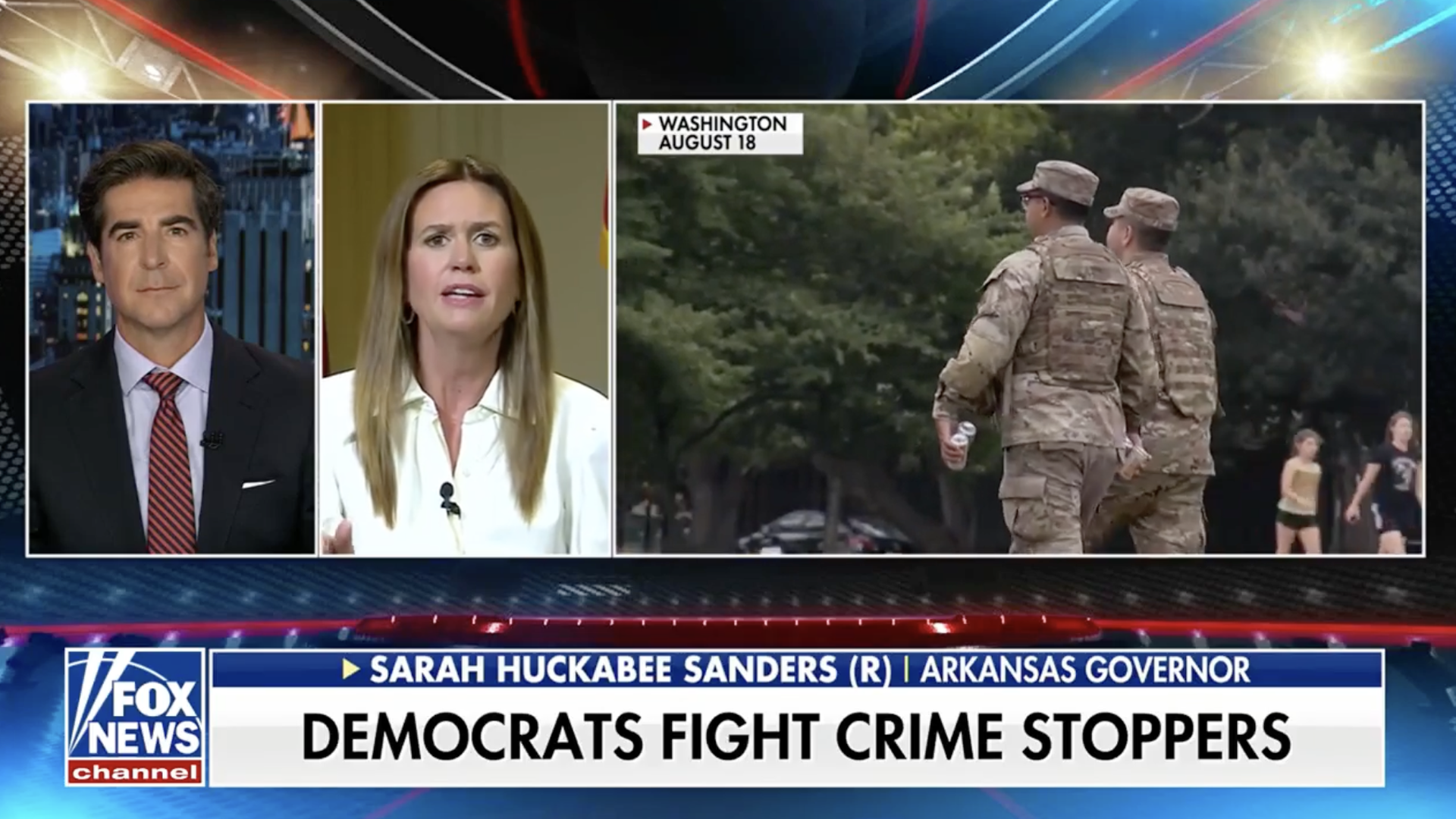 A Fox News Channel broadcast screenshot shows a split-screen interview with Arkansas Governor Sarah Huckabee Sanders and host Jesse Watters. The topic bar at the bottom reads "DEMOCRATS FIGHT CRIME STOPPERS."