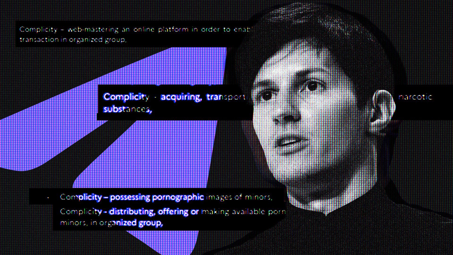 Photo illustration of Telegram founder Pavel Durov with a list of criminal charges and the Telegram logo in the background.