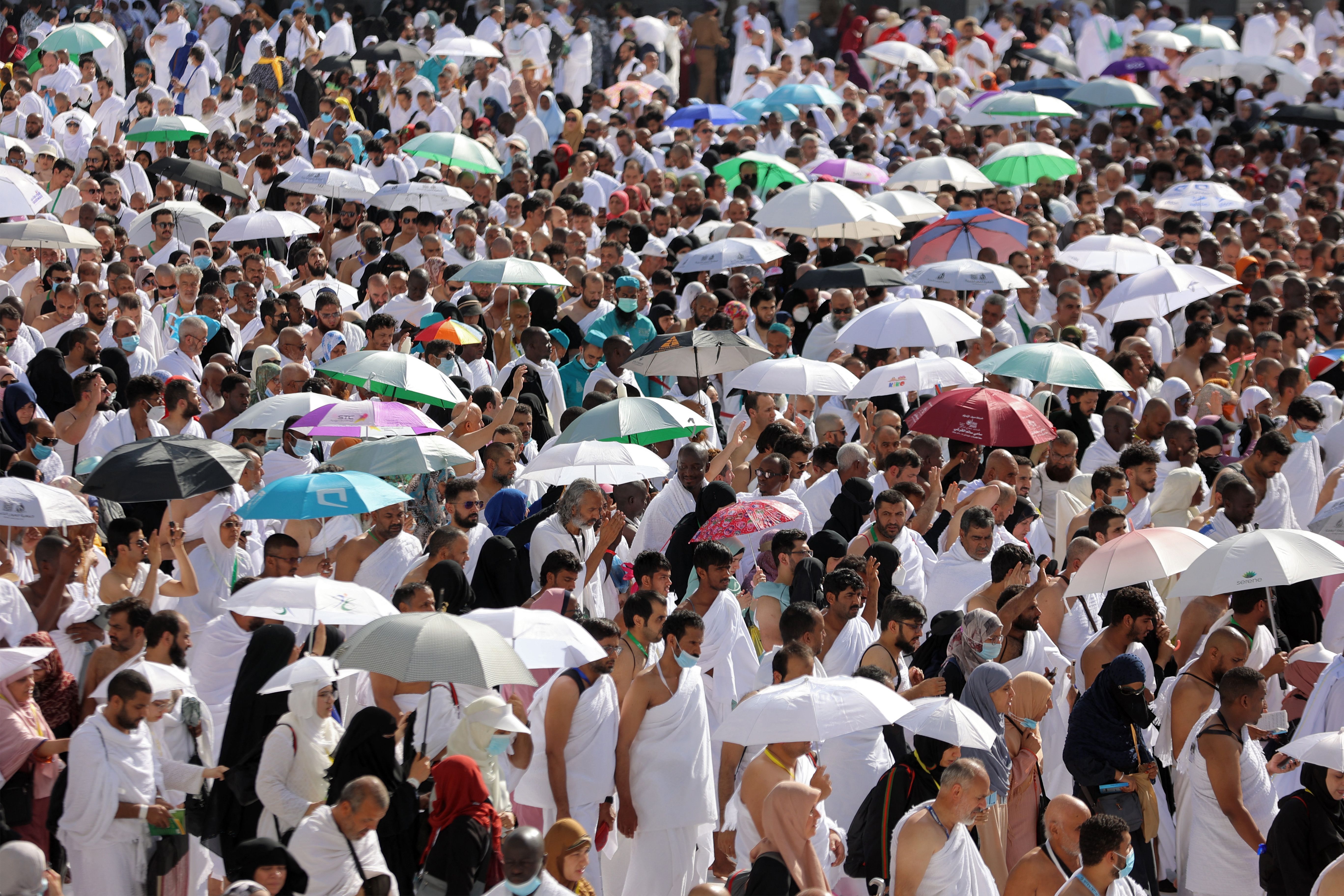Muslim pilgrims pray during the annual Hajj pilgrimage around the Kaaba, Islam's holiest shrine, at the Grand Mosque in Saudi Arabia's holy city of Mecca on July 6, 2022.