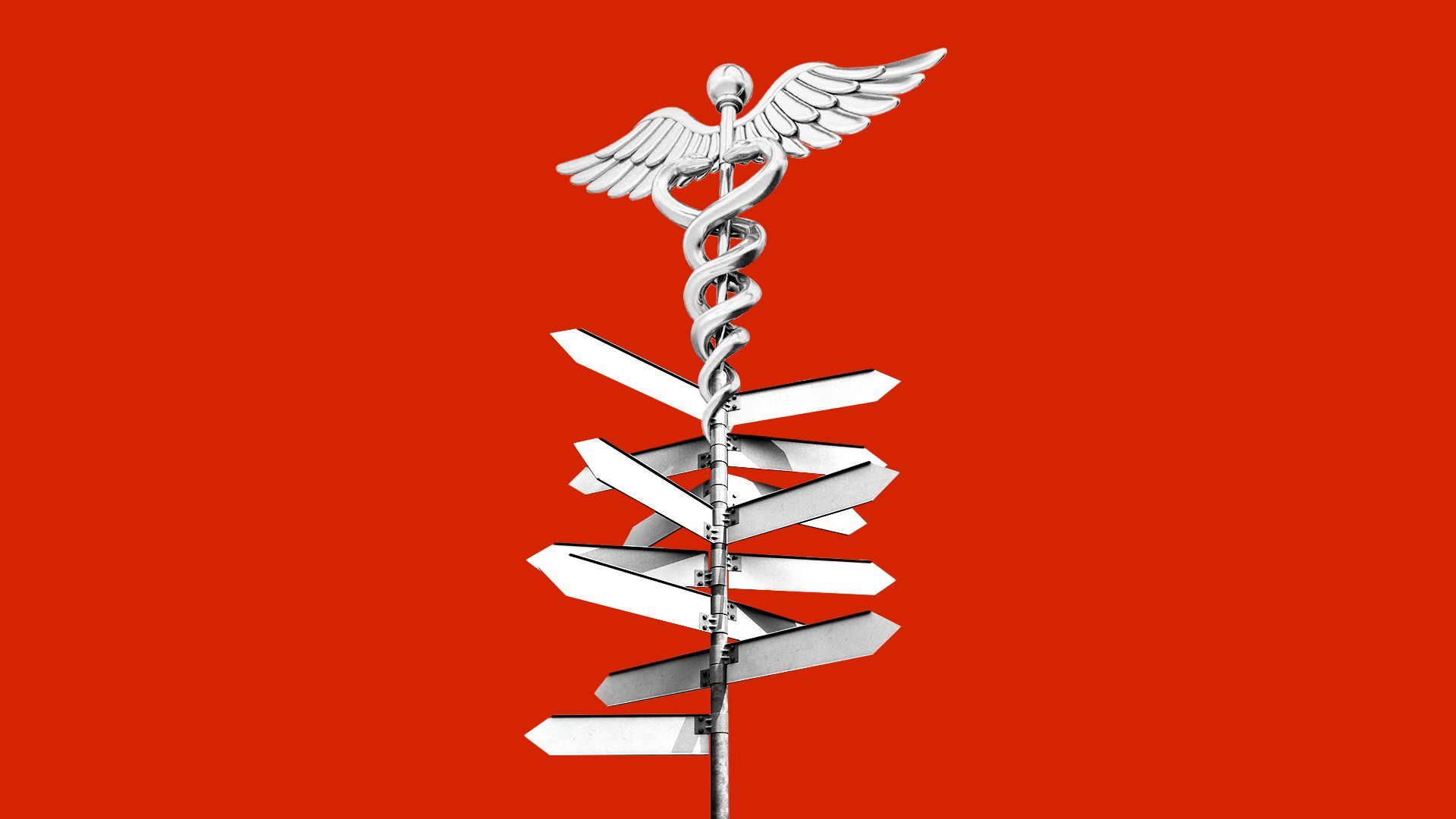 Illustration of a street sign pointing many directions with a caduceus at the top