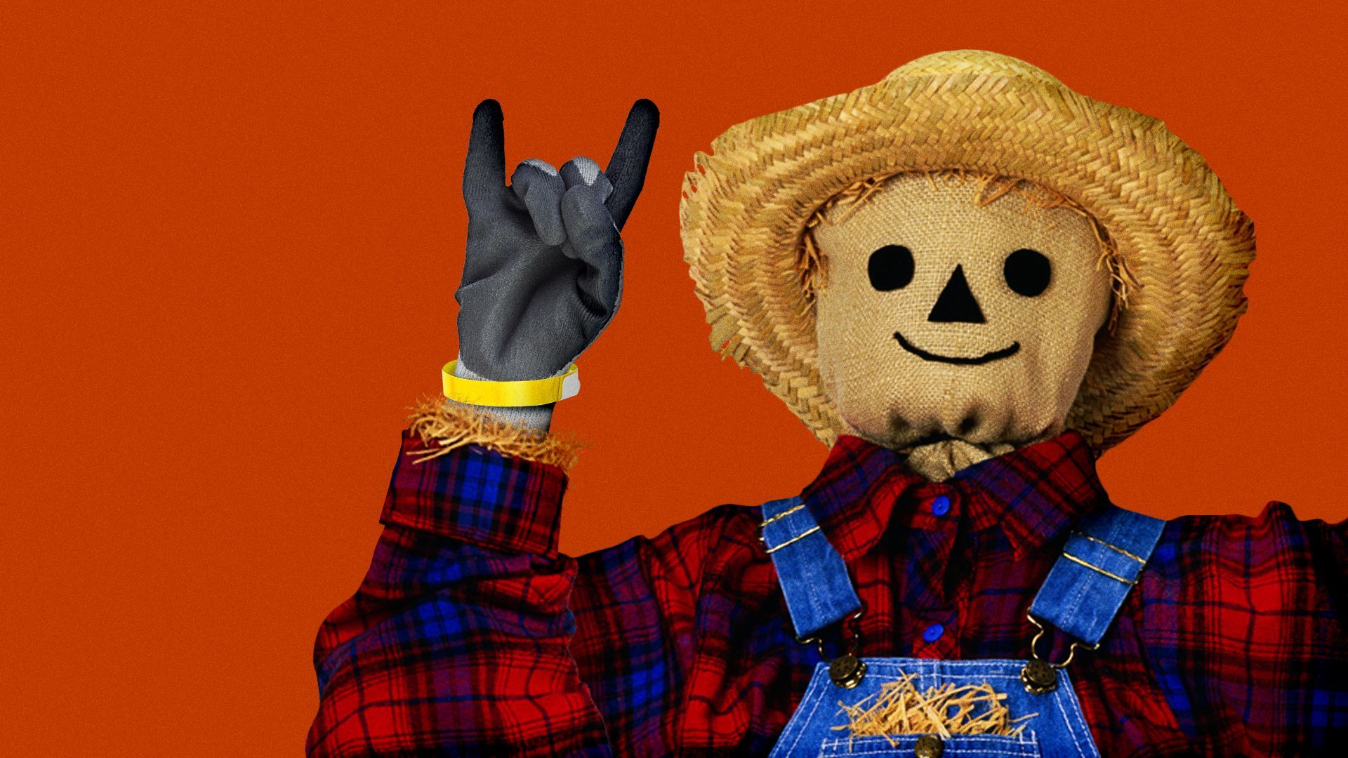 Illustration of a scarecrow throwing up the "rock on" hand symbol and wearing an event wristband. 
