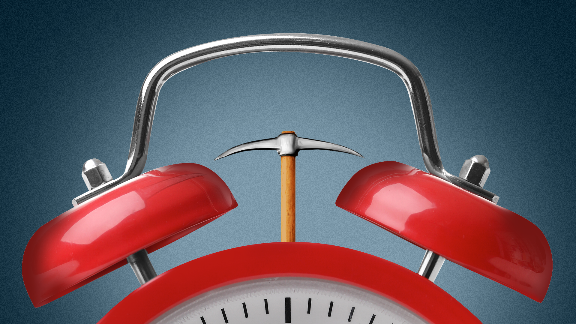 Illustration of a close up of the top of an alarm clock with the bell hammer replaced with a pick axe.