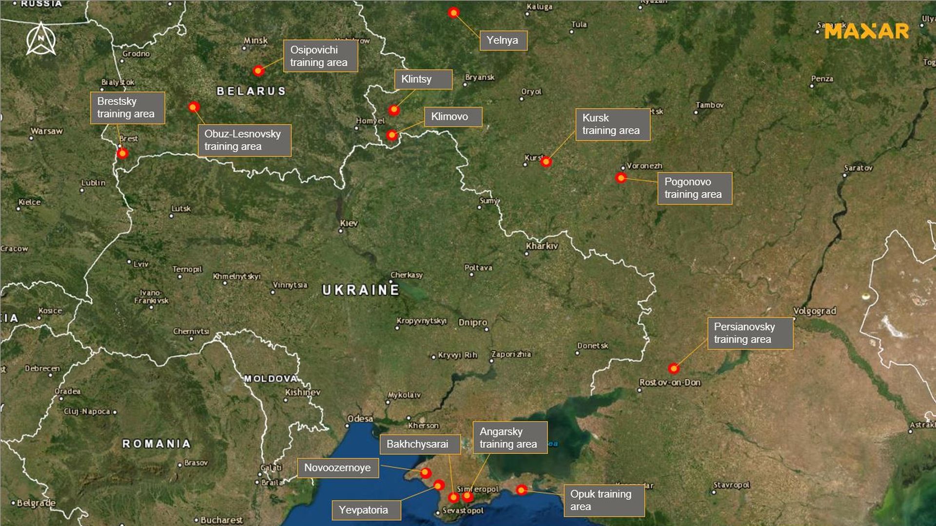 Map showing where Russia has staged troops and military equipment near Ukraine's border.
