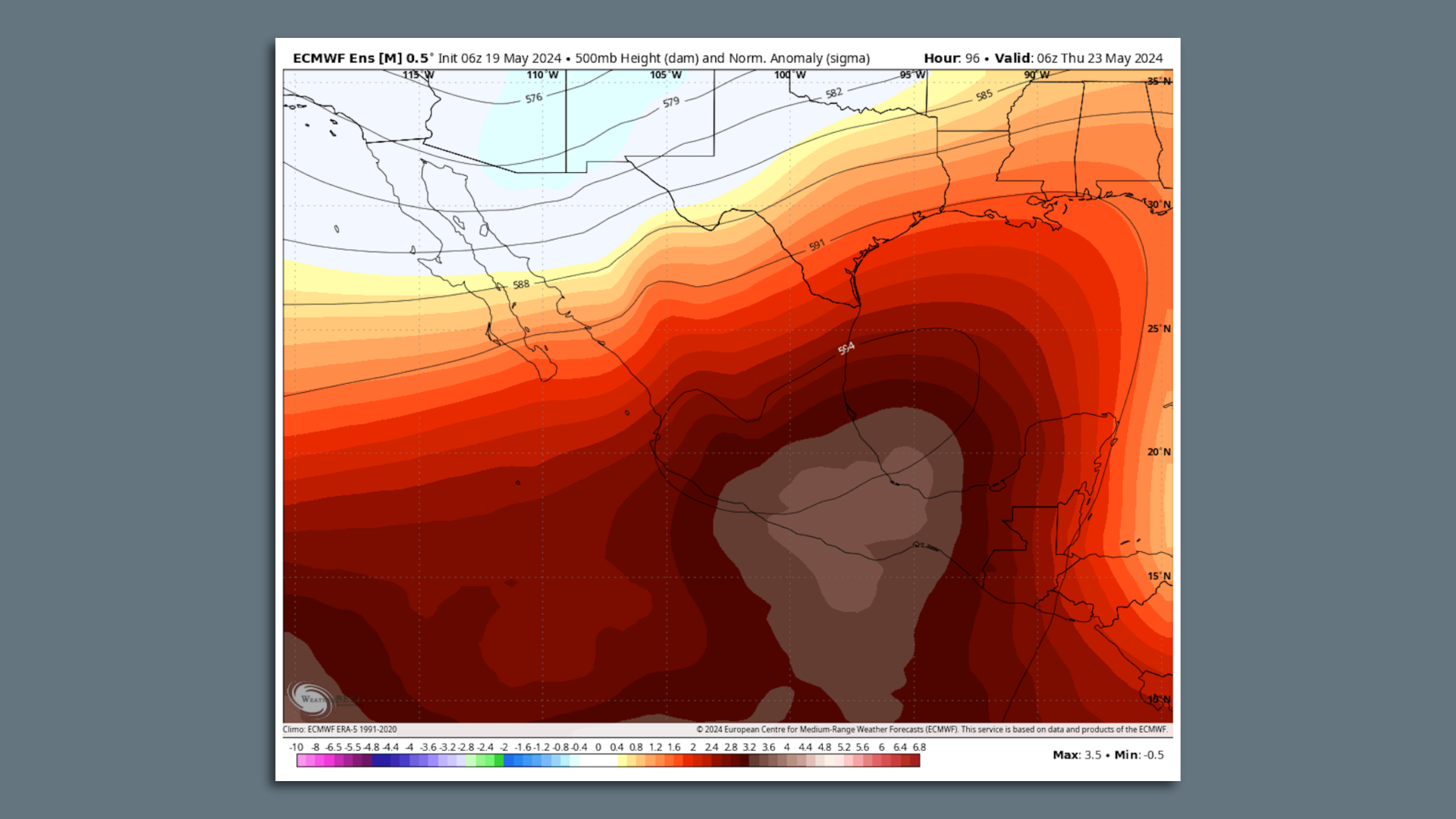 Map showing unusually strong heat dome parked over southern Mexico on May 23.