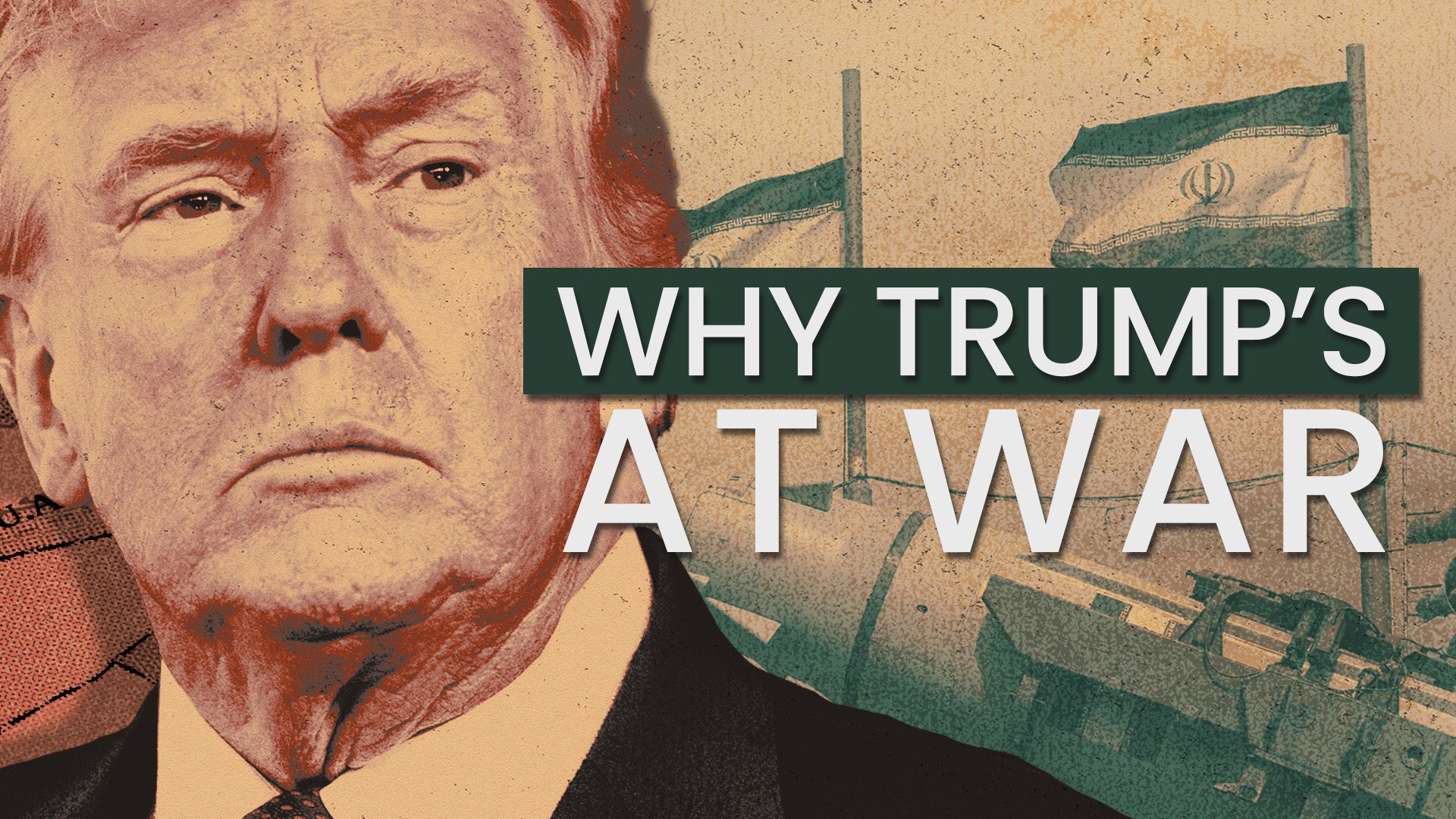 Photo illustration of President Trump in front of map of the Middle East and a photo of missiles produced by Iran's armed forces displayed near a row of Iranian flags