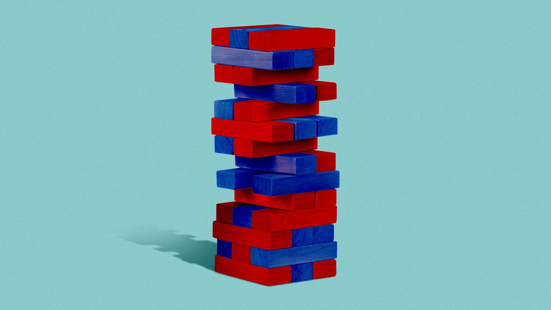 Illustration of a a tower of red and blue building blocks forming a tower and many of the blocks are missing