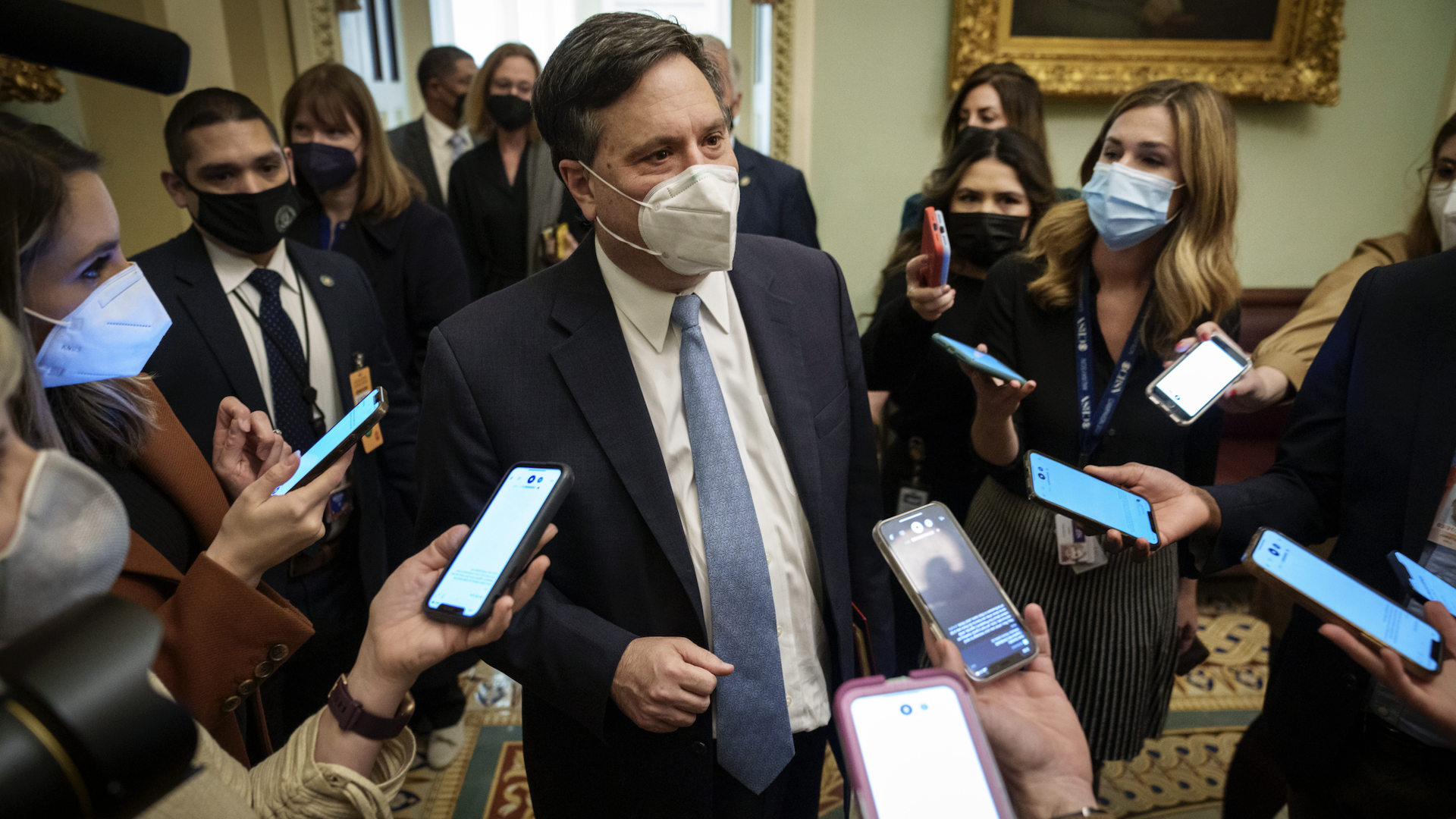 Ron Klain speaks briefly with reporters at the U.S. Capitol yesterday after his lunch meeting with Senate Democrats.