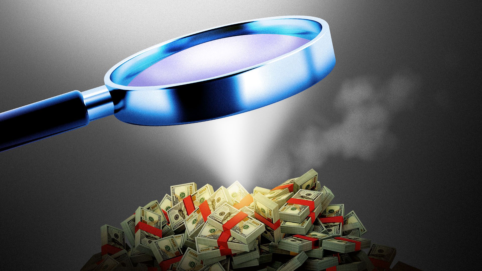 Illustration of a giant blue magnifying glass focusing a beam of light onto a pile of hundred dollar bills
