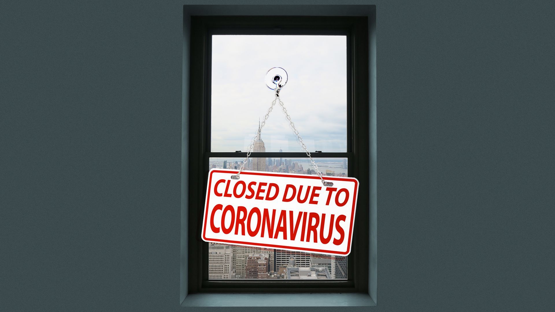 Illustration of an interior apartment window facing a cityscape with a sign reading "Closed Due to Coronavirus"