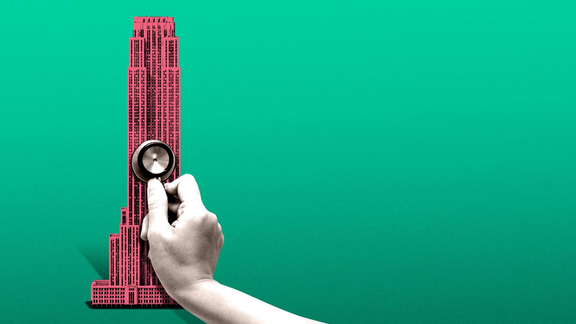 Illustration of hand holding stethoscope to a skyscraper building