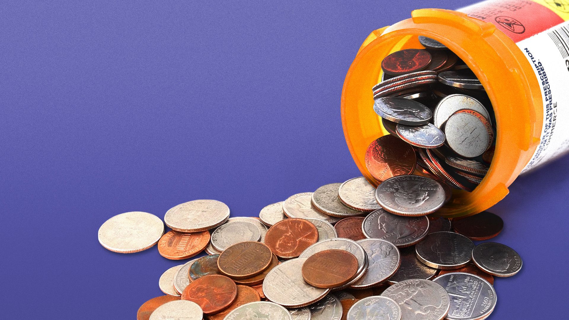 Illustration of coins spilling out of a prescription pill container.