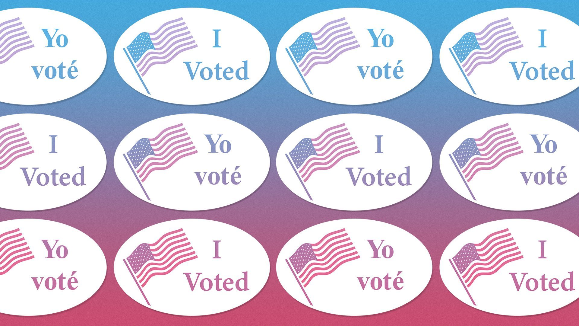Illustration of a pattern of “I voted” stickers in Spanish and English.