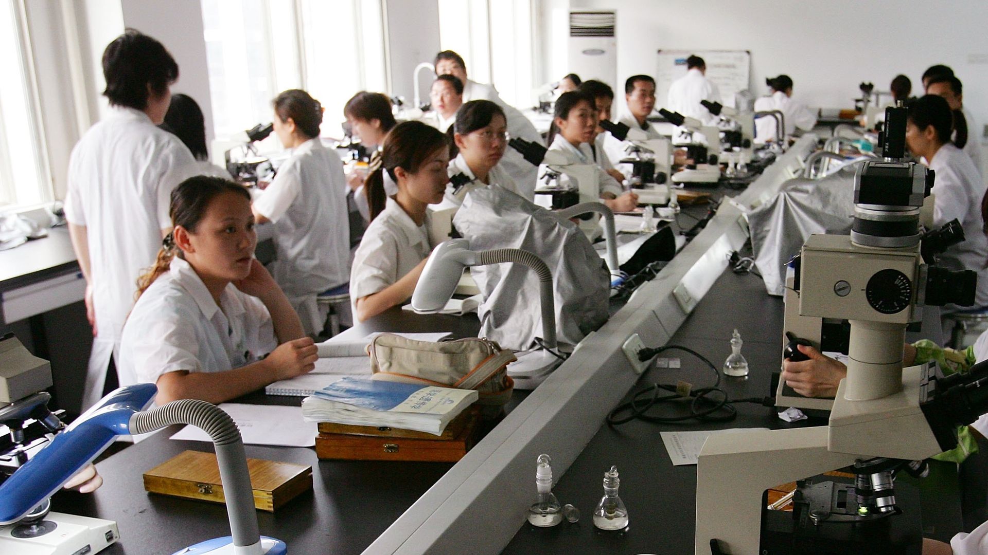 A row of people in lab coats looking into microscopes