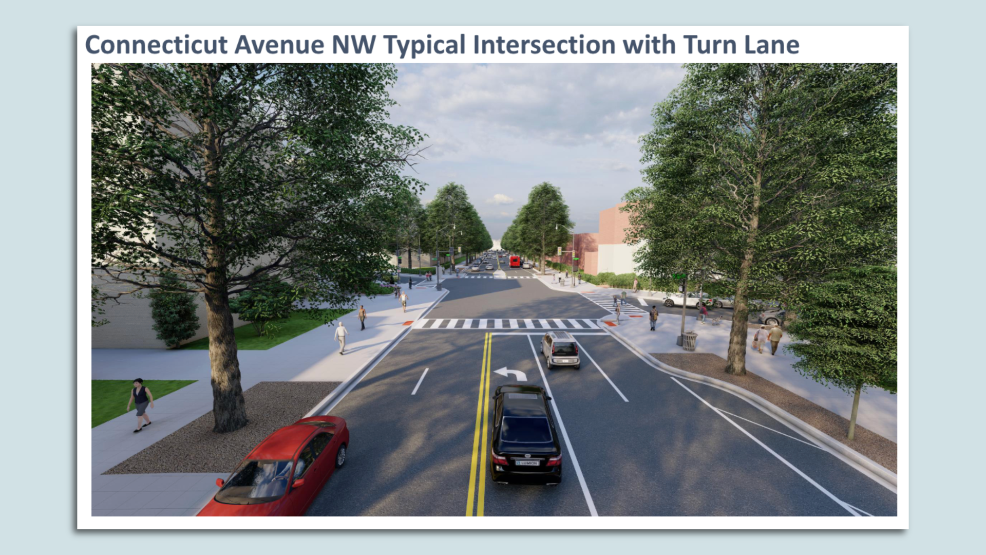 An image of a redesigned Connecticut Avenue with four travel lanes