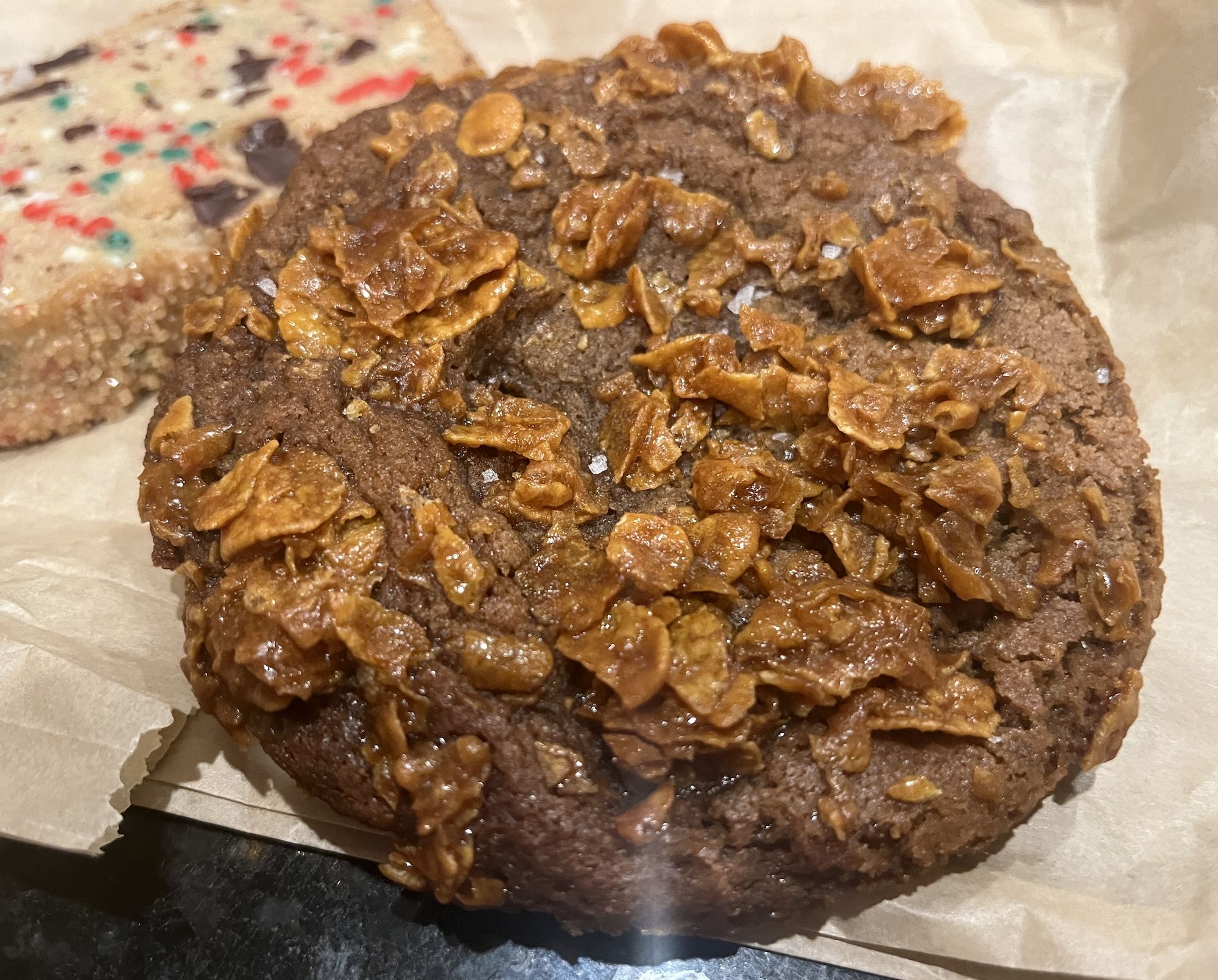 Chocolate cookie with cornflakes on top
