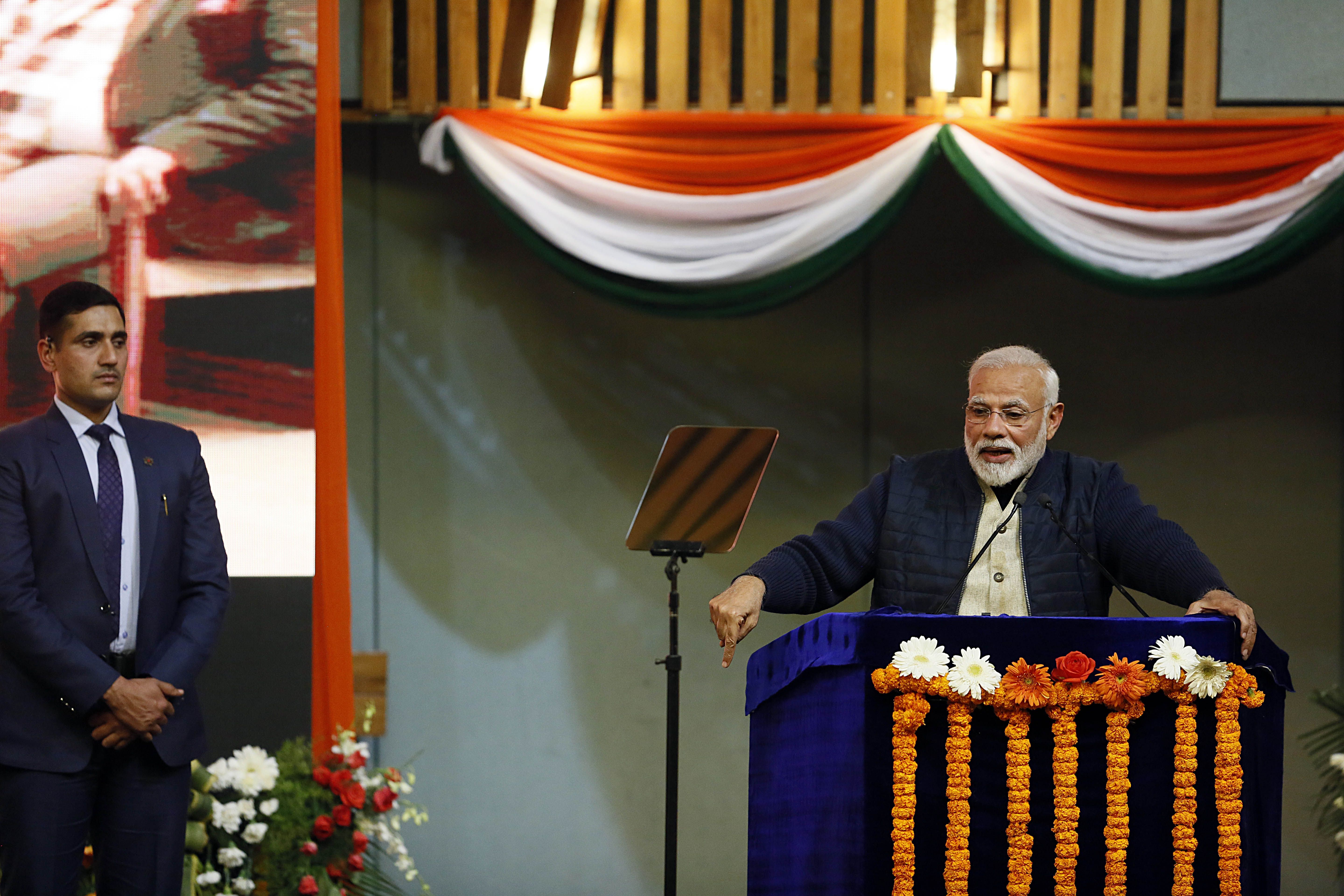 Indian Prime Minister Narendra Modi speaks in Srinagar, Kashmir on February 03, 2019.