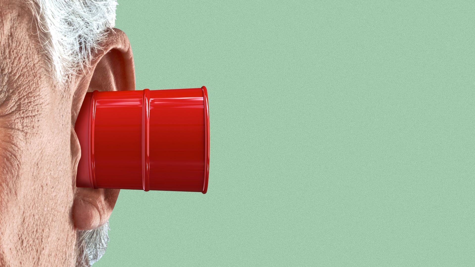 Illustration of a close up of a person's ear with an oil barrel shoved in it like an ear plug. 